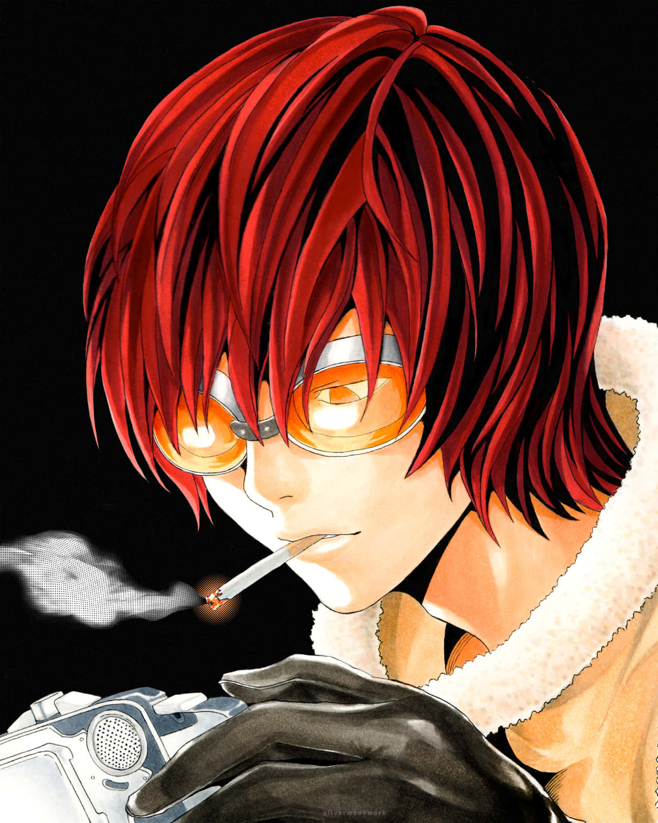 Death Note Matt 桌布 壁紙 — 一個紅髮動漫角色戴著橙色眼鏡，在黑色背景前抽煙。