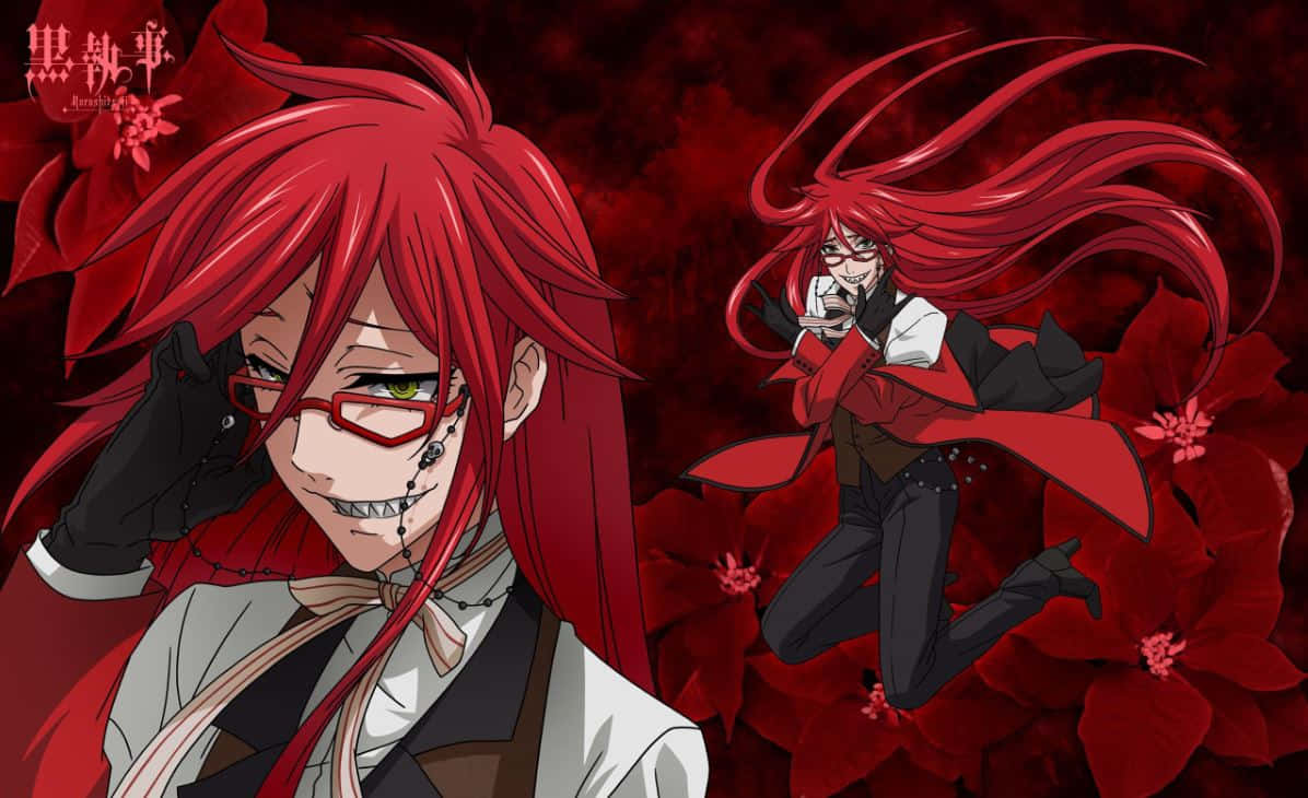 Grell Sutcliff 桌布 壁紙 — 一個紅髮動漫角色戴著眼鏡，露出邪惡的笑容，在深紅色背景中與深紅花朵一起擺姿勢。