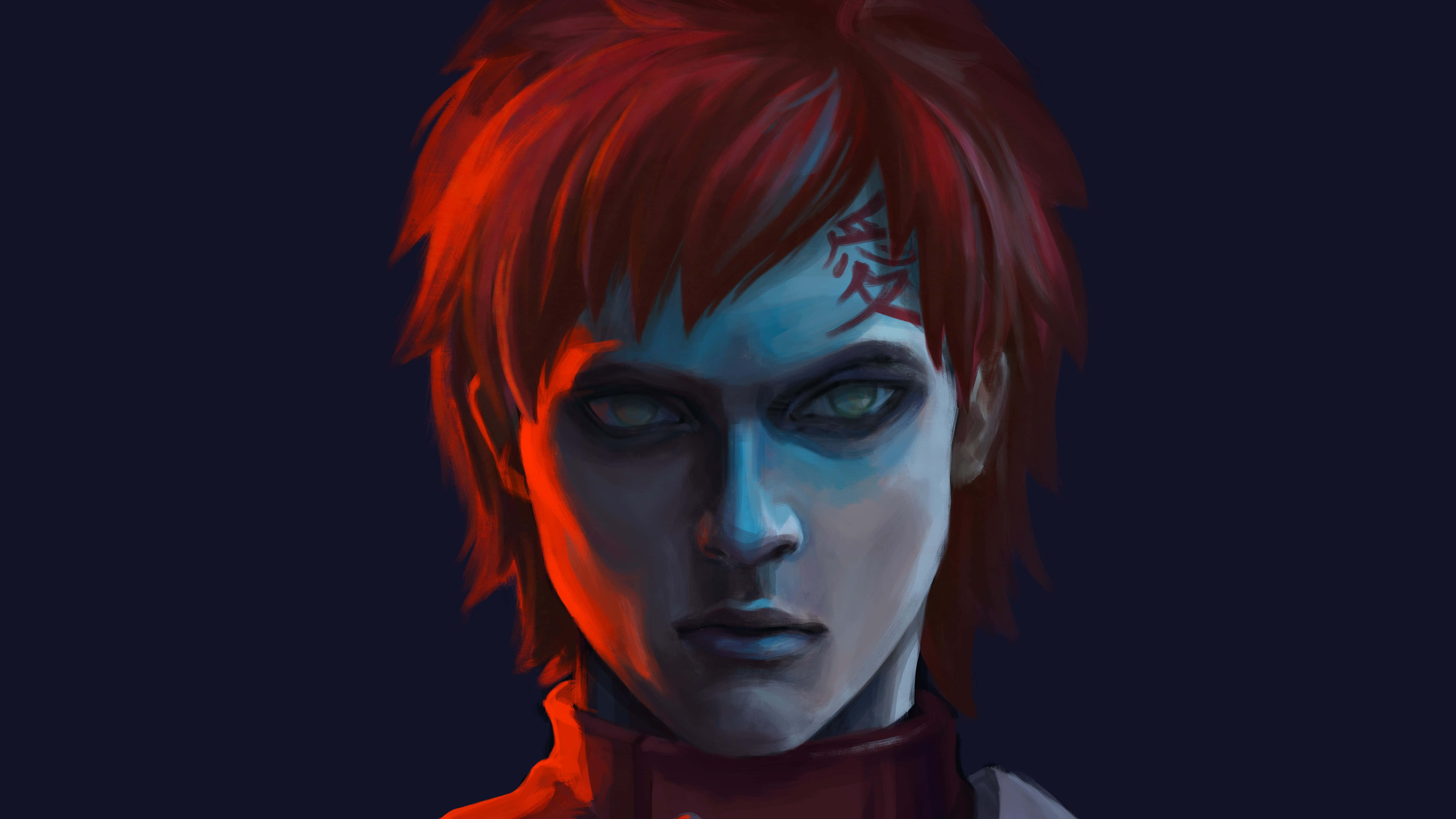 Gaara Naruto Anime 桌布 壁紙 — 一個紅髮動漫角色的數位肖像，在戲劇性的紅藍燈光下，眼睛發光，額頭上有漢字標記。