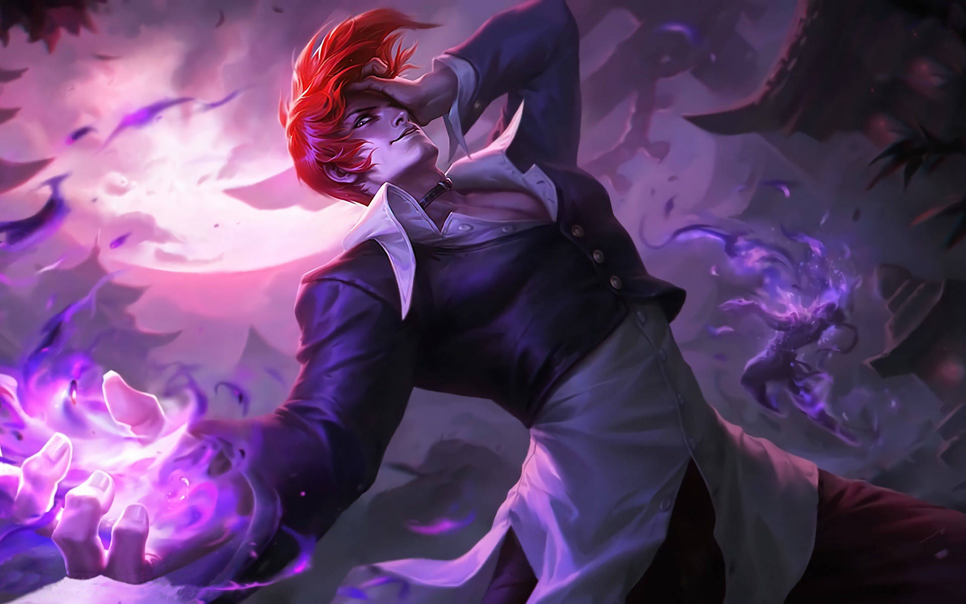 紅髮動漫角色在黑暗風暴場景中引導紫色魔法能量。 — Mobile Legends 動態圖 壁紙