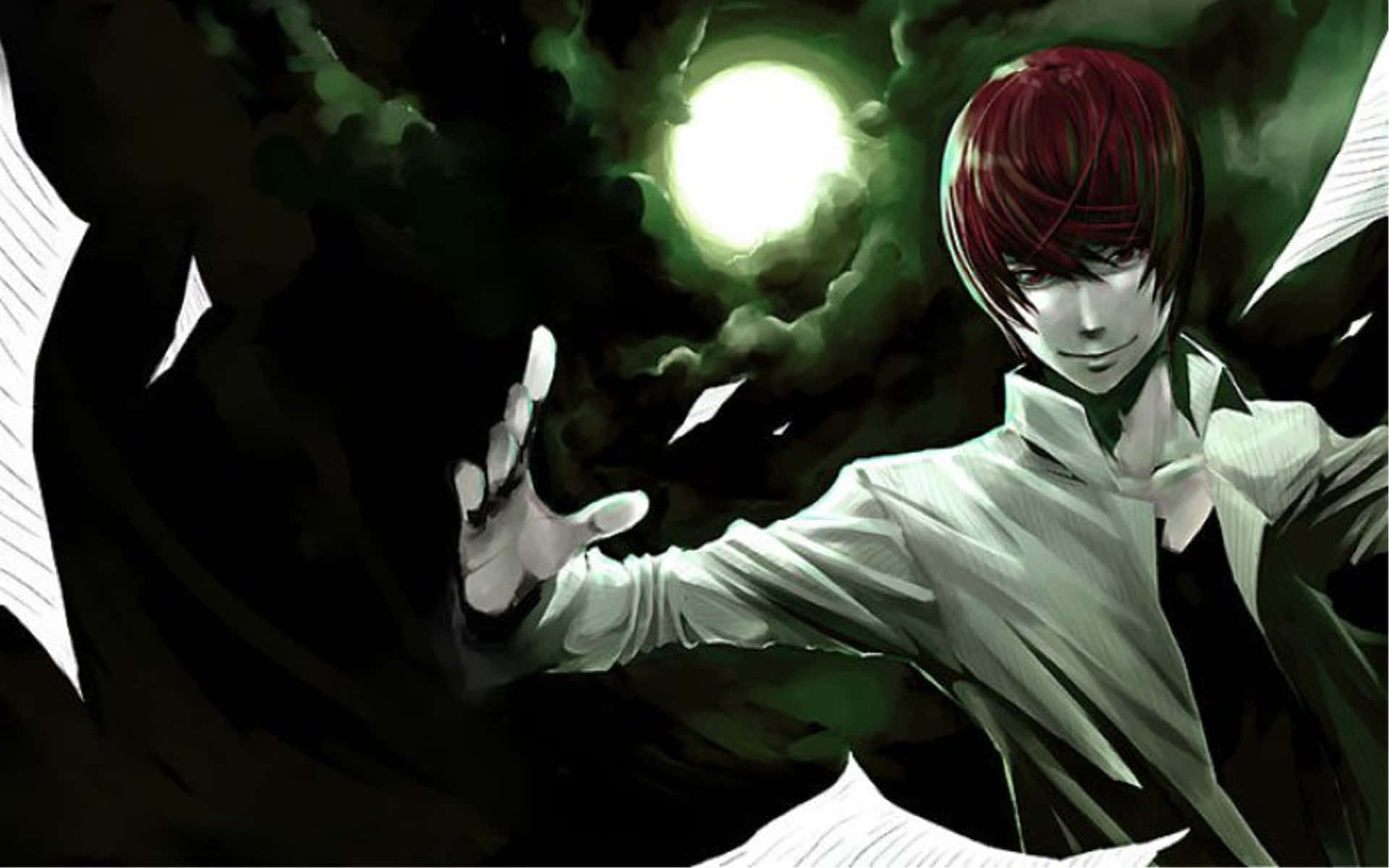 Light Yagami 桌布 壁紙 — 一個紅髮動漫角色穿著白襯衫，向著黑暗漩渦雲層中發光的月亮伸出手。