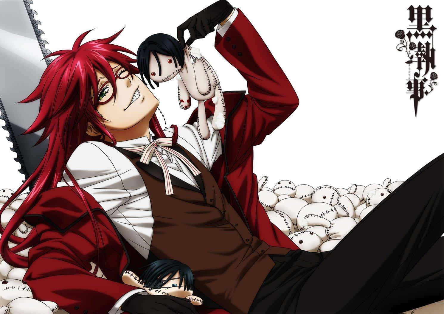Black Butler 桌布 壁紙 — 一個紅髮動漫角色穿著紅色外套，在白色縫製娃娃中閒逛，手持一個黑髮紅眼的娃娃。