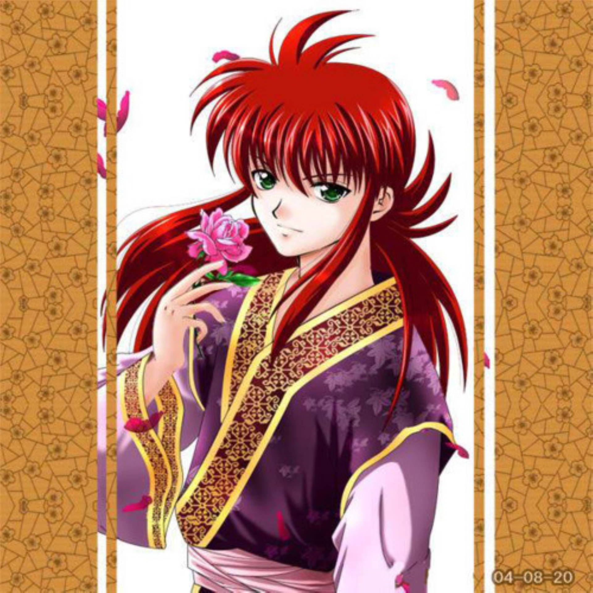 Kurama 桌布 壁紙 — 一個紅髮動漫角色穿著紫色和服，在金色圖案背景上拿著一朵粉紅玫瑰。