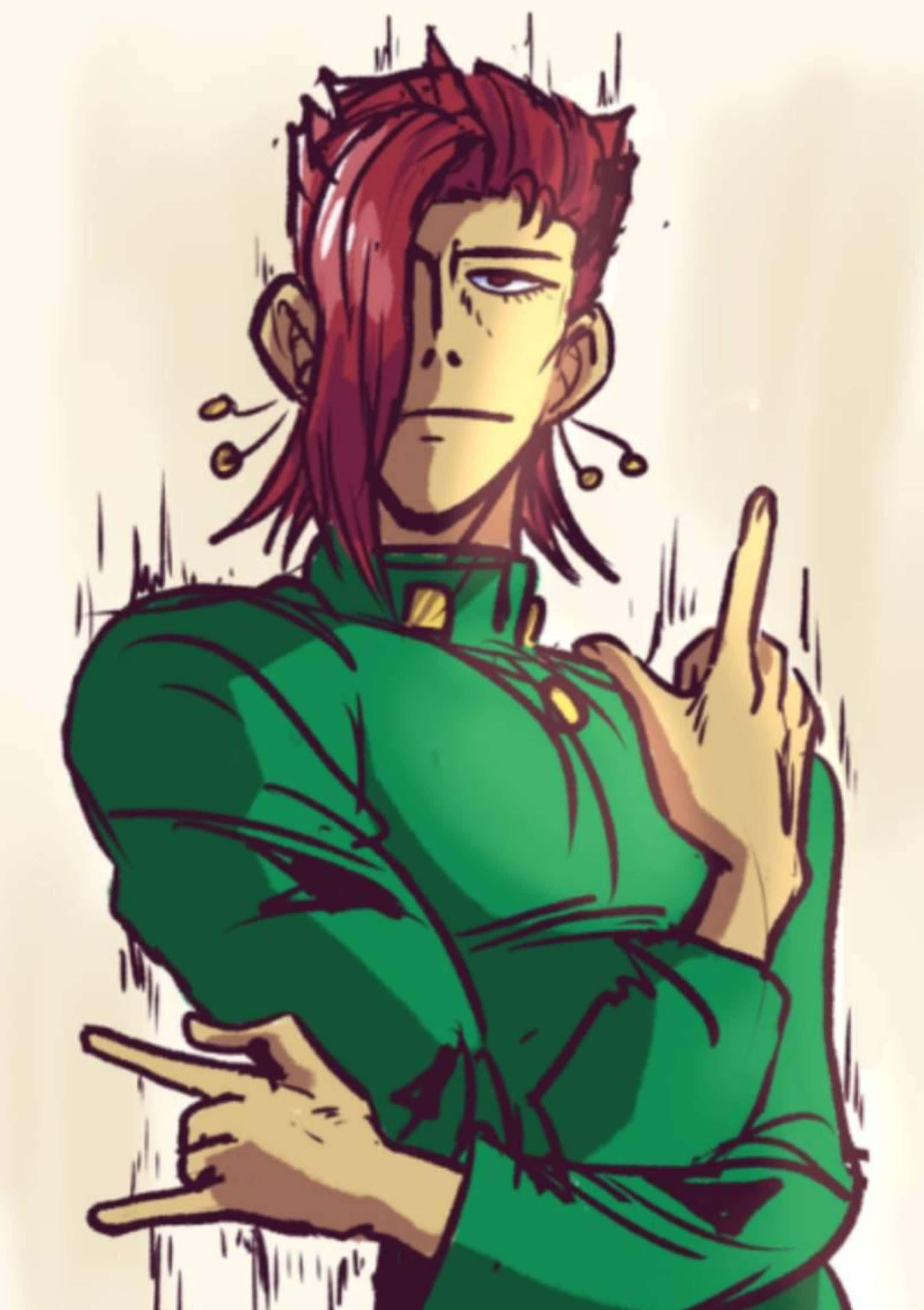 Noriaki Kakyoin 桌布 壁紙 — 一個紅髮動漫角色穿著綠色襯衫，在純色背景前表情嚴肅地向上指。