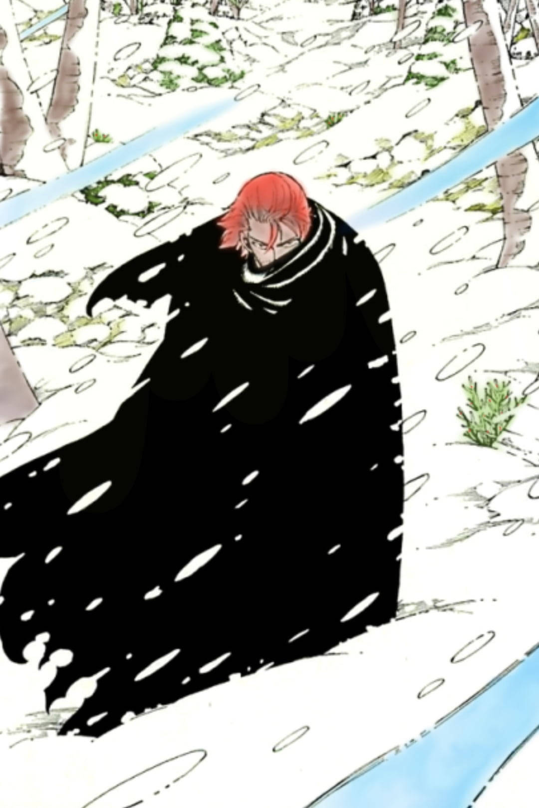 Fairy Tail Characters 桌布 壁紙 — 一個紅髮動漫角色穿著黑色斗篷，在飄雪、附近有藍色溪流的雪森林中行走。