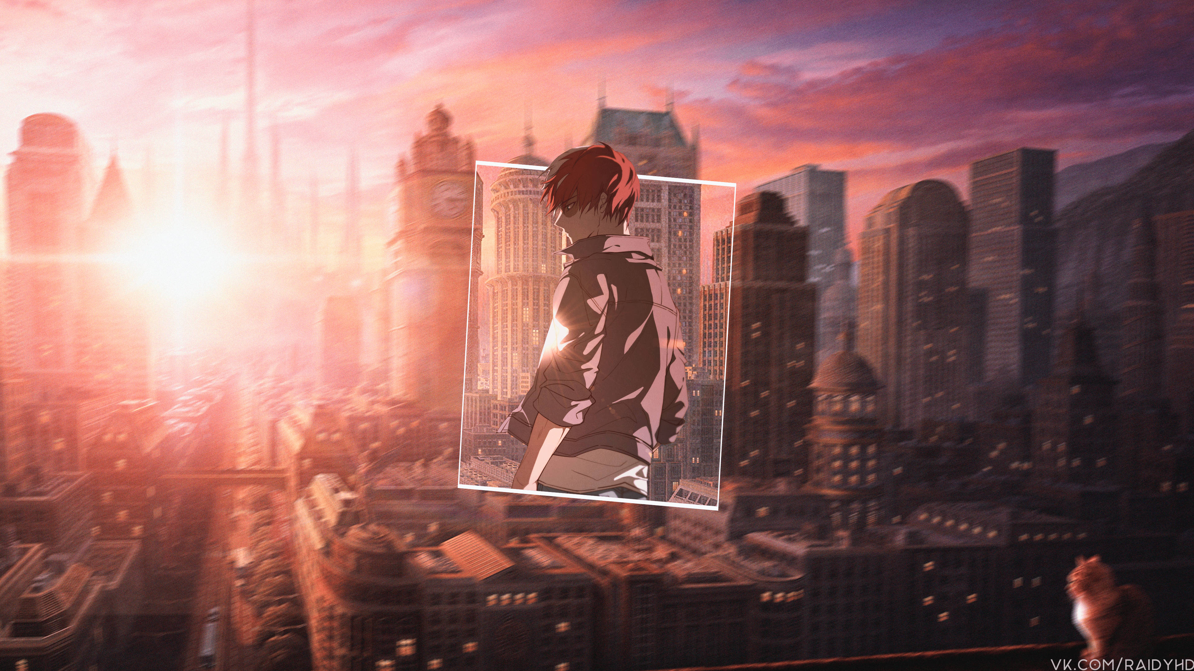 Todoroki Aesthetic 桌布 壁紙 — 一個紅髮動漫角色站在發光的框架中，俯瞰著夕陽下溫暖粉紅和橙色調的廣闊城市。