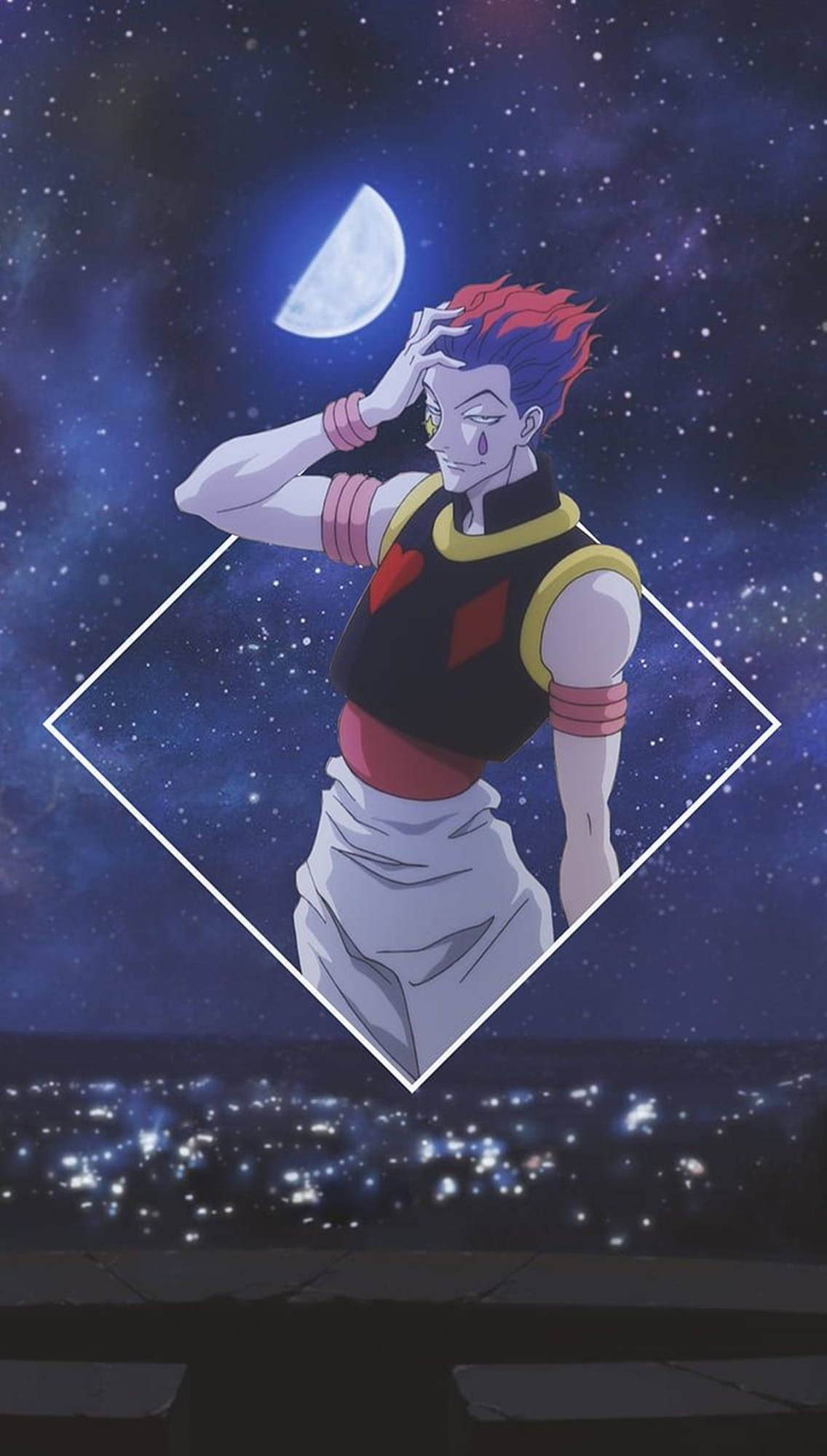 Hunter X Hunter 4K 桌布 壁紙 — 一個紅髮動漫角色站在鑽石框架內，背景是繁星點點的夜空，新月高懸於發光的城市景觀之上。