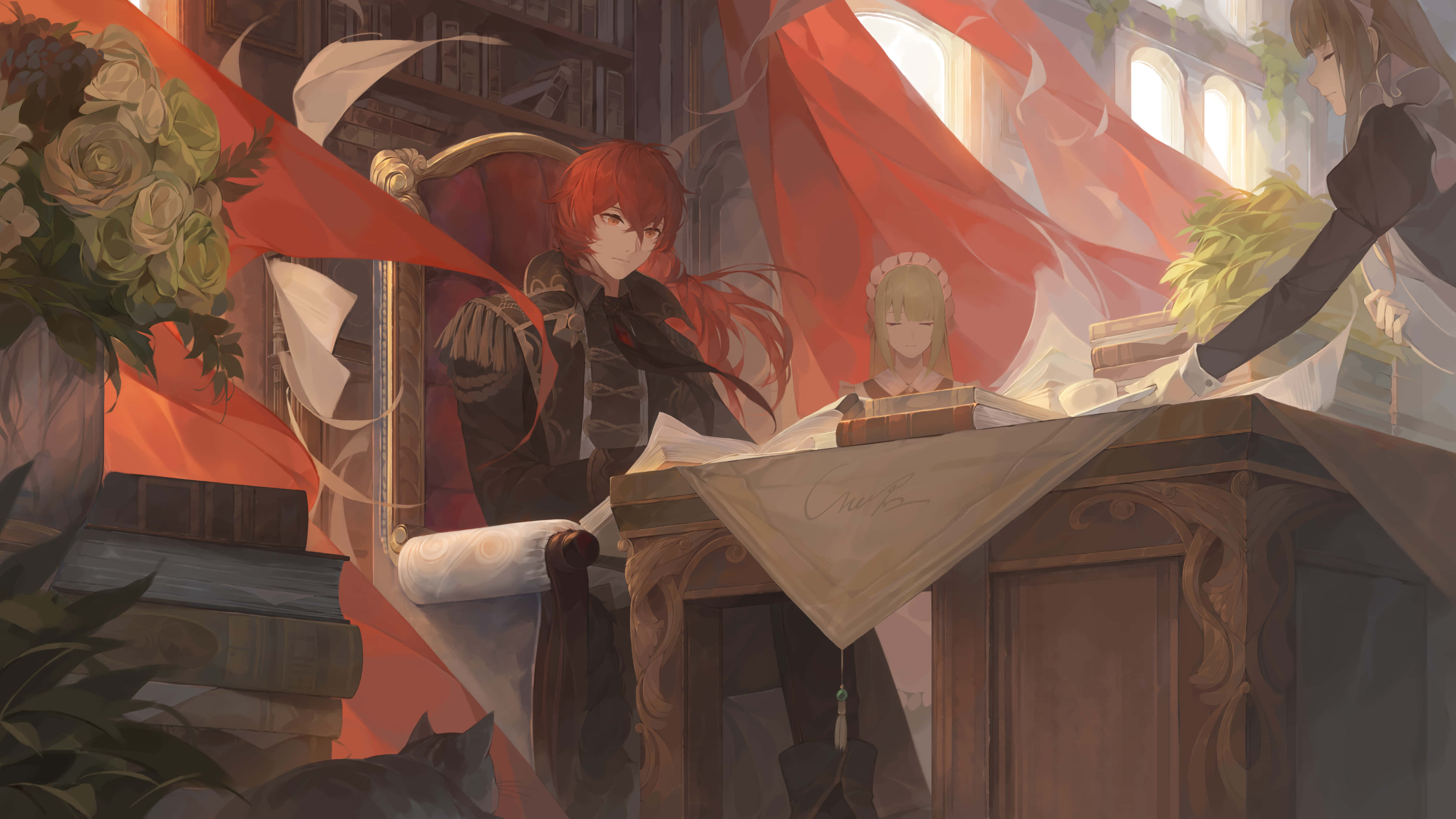 電玩遊戲 桌布 壁紙 — 一個紅髮動漫角色端坐在一個以飄逸紅布裝飾的寶座廳中，一個金髮人物坐在書桌前。