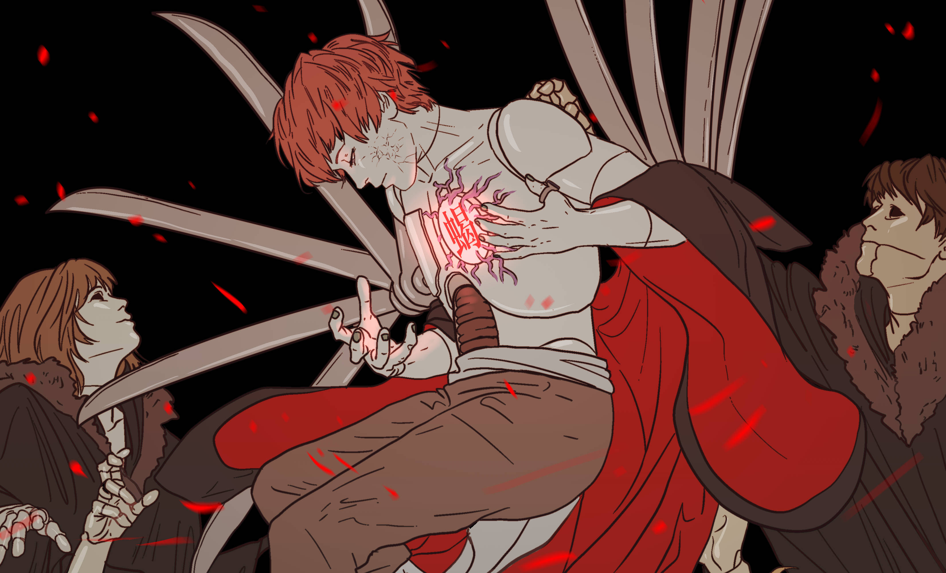 Sasori 桌布 壁紙 — 一個紅髮動漫角色緊握著一顆發光的紅心，刀刃刺穿他的胸膛，另外兩人驚恐地看著。