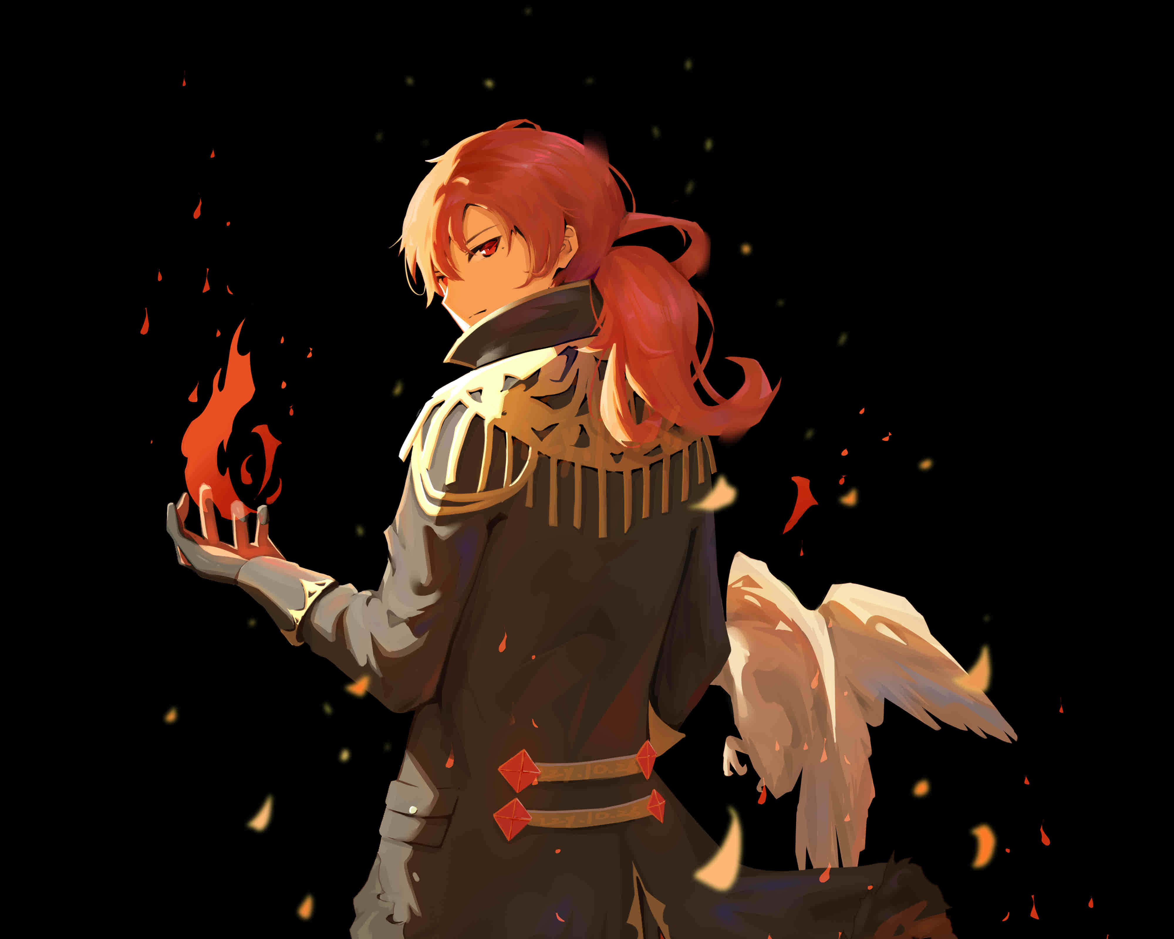 電玩遊戲 桌布 壁紙 — 一個紅髮動漫角色身穿暗色盔甲，在黑色背景中手持火焰，周圍有飄浮的火星。