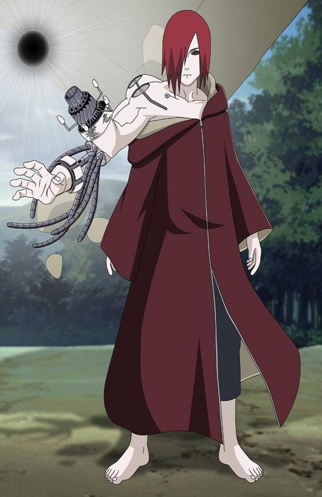 Nagato 桌布 壁紙 — 一個紅髮動漫角色身穿栗色斗篷，赤腳站在戶外，在黑暗的太陽下揮舞著機械手臂。