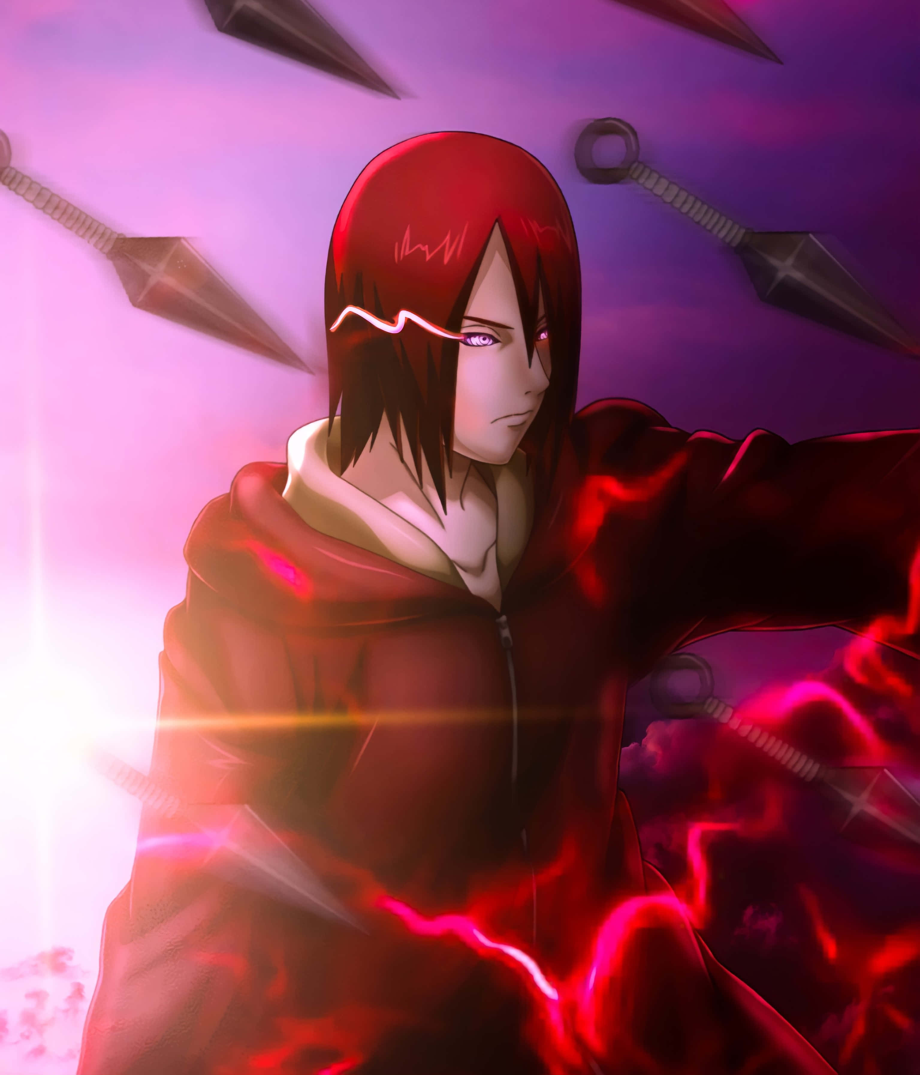 Akatsuki Ninja 桌布 壁紙 — 一個紅髮動漫角色身穿紅色斗篷，在紫色天空下引導發光的紅色查克拉，手裏劍在他周圍飛舞。