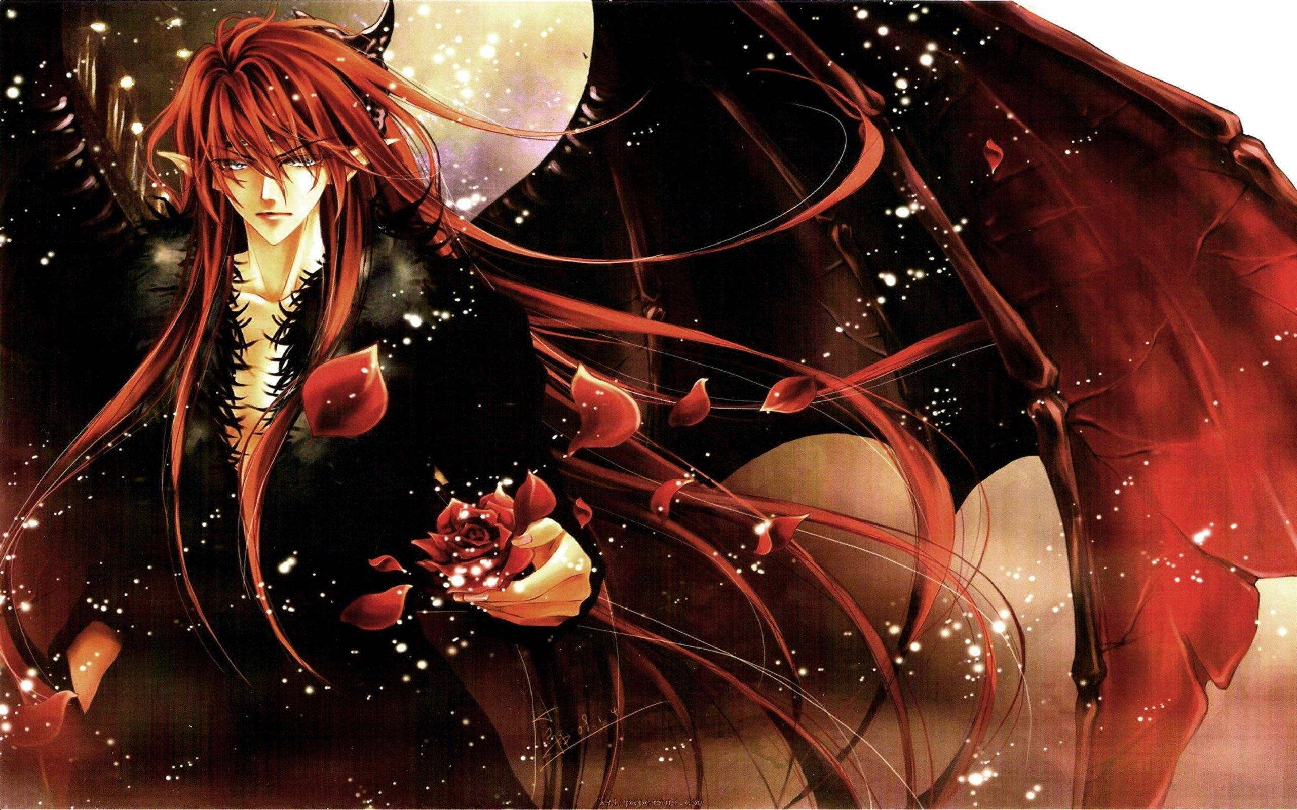 惡魔男孩 桌布 壁紙 — 一個紅髮動畫惡魔，擁有蝙蝠翅膀，在滿月星空下手持一朵發光的玫瑰。