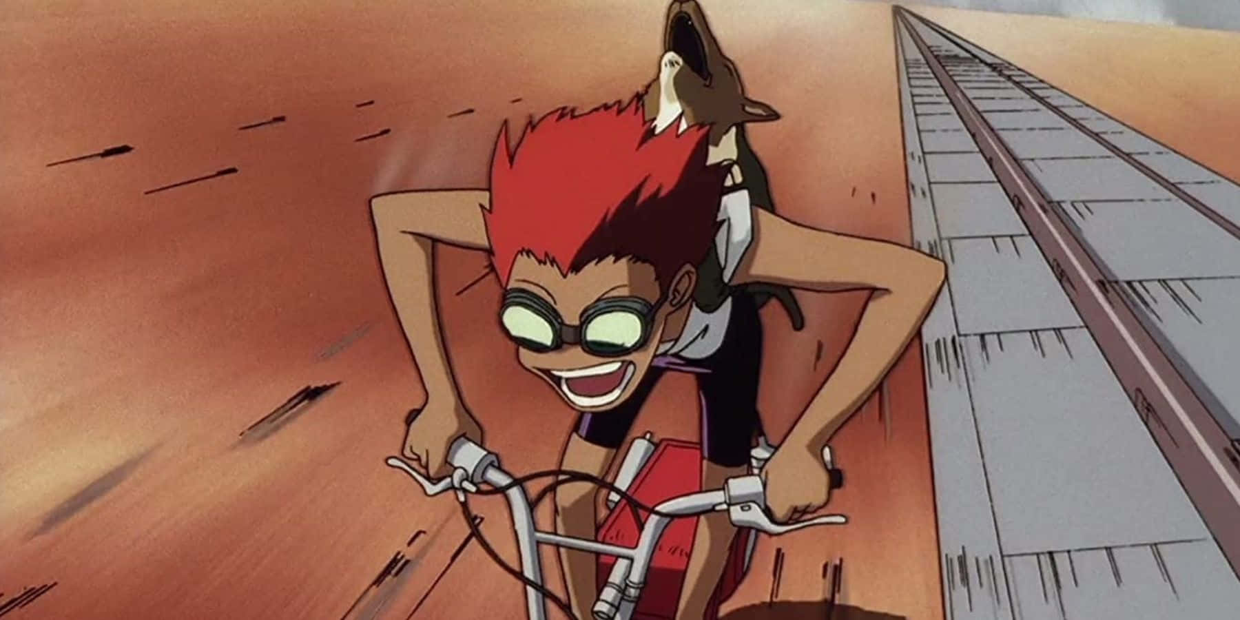 Cowboy Bebop Edward 桌布 壁紙 — 一個紅髮動畫男孩戴著護目鏡，背著一隻狗，在沙漠鐵路軌道上高速騎自行車。
