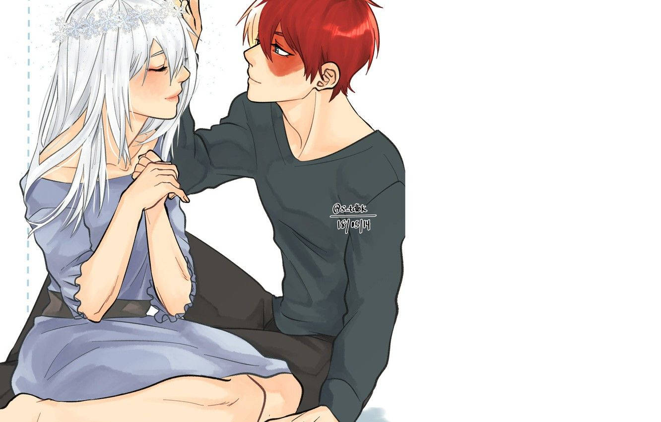 todoroki family 桌布 壁紙 — 一個紅髮動畫男孩溫柔地觸摸一個銀髮女孩的頭髮，在一個溫柔的時刻。