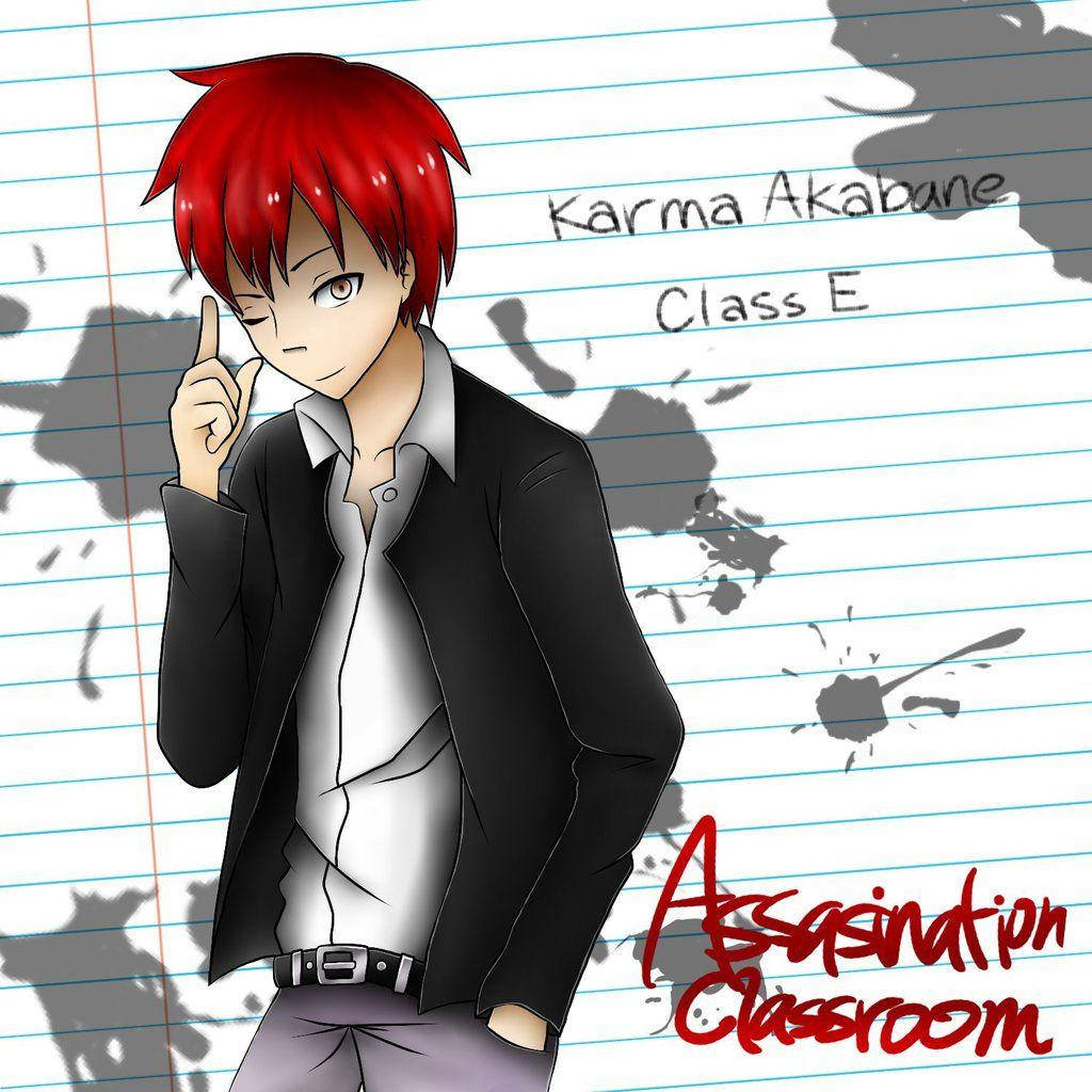karma 桌布 壁紙 — 一個紅髮動畫男孩穿著黑色外套，站在有墨水飛濺和『暗殺教室』文字的橫線筆記本紙上。