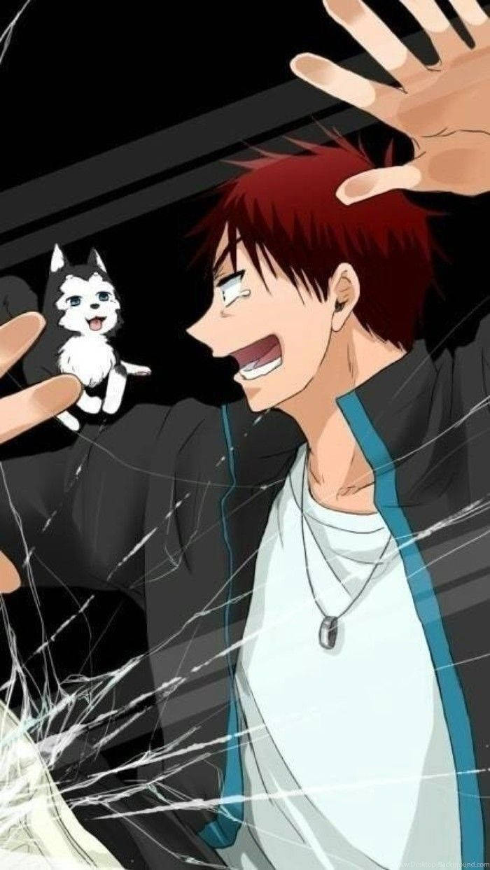 動漫男孩 桌布 壁紙 — 一個紅髮動畫男孩開心地笑著，一隻小哈士奇幼犬透過破碎的玻璃出現在他旁邊。