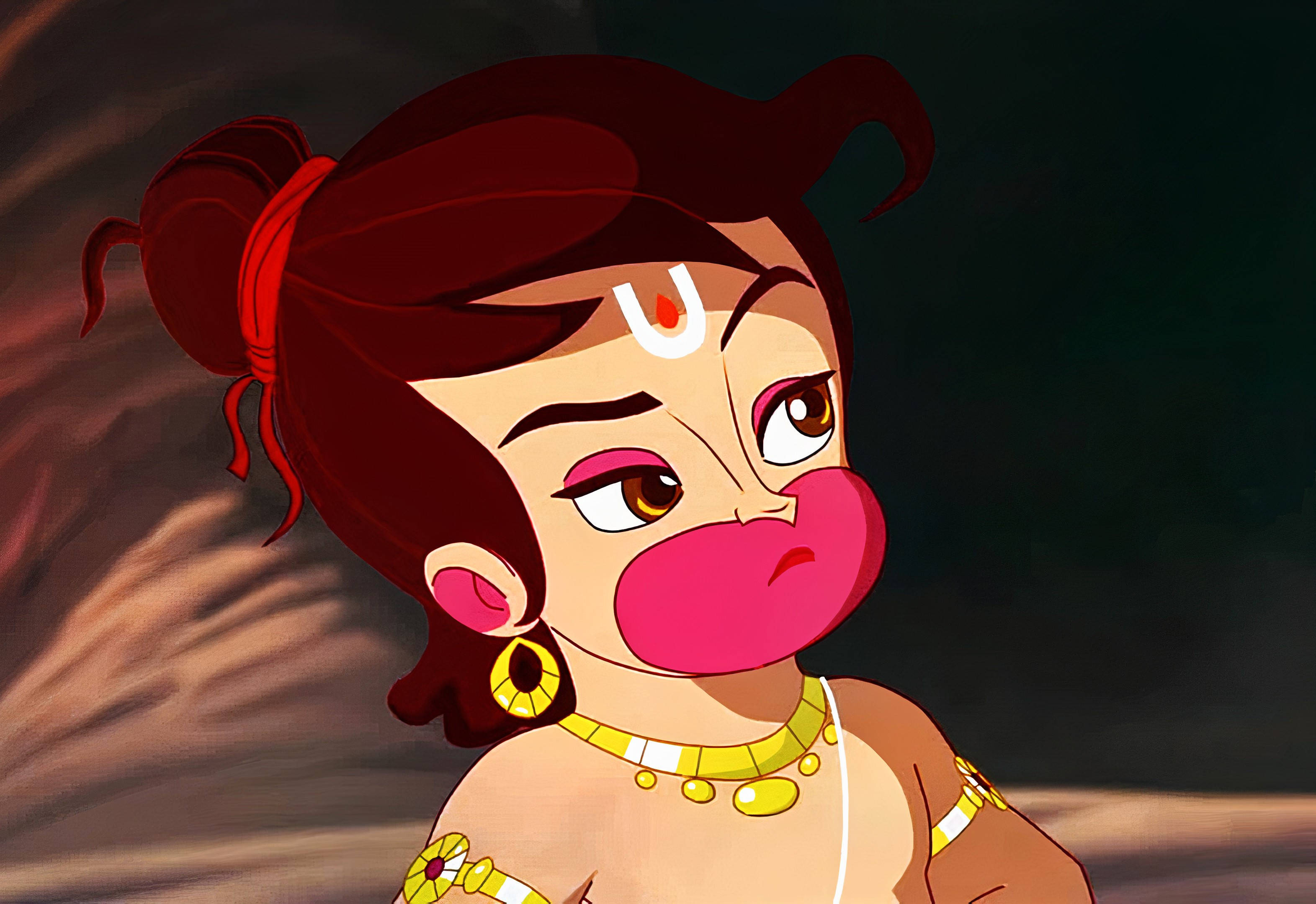 angry hanuman 桌布 壁紙 — 一個紅髮卡通女孩，吹著粉紅色泡泡糖，在深色背景前顯得很惱火。