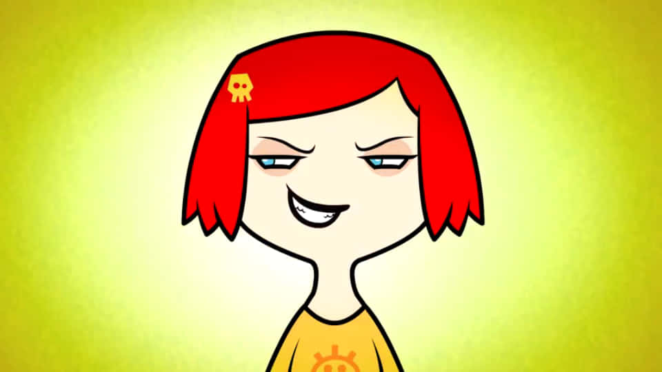 Animated 桌布 壁紙 — 一個紅髮卡通女孩，在發光的黃色背景前露出頑皮的笑容。