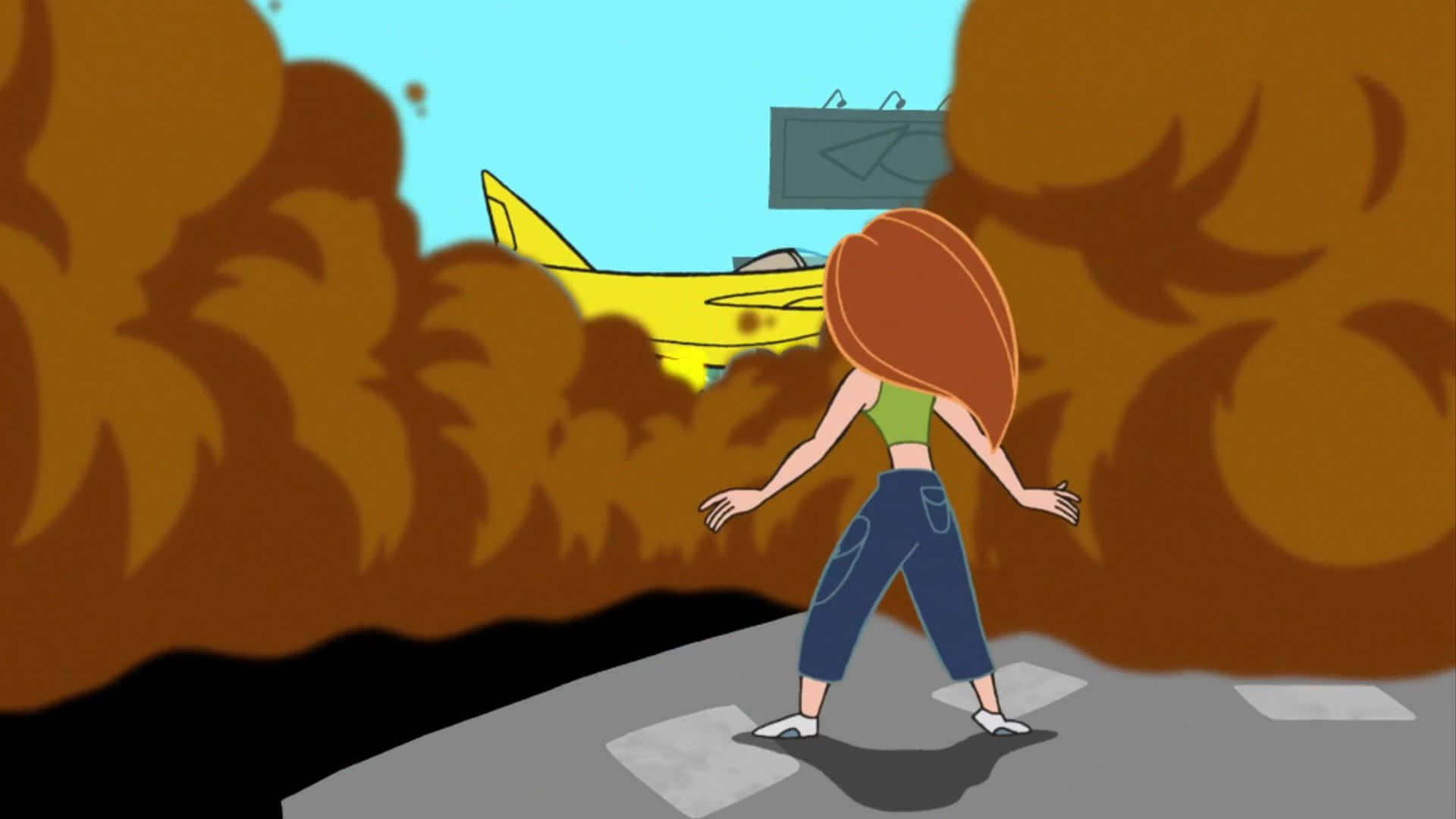 kim possible 桌布 壁紙 — 一個紅髮卡通女孩走向一架在晴朗藍天下從棕色灌木叢中探出的黃色飛機。