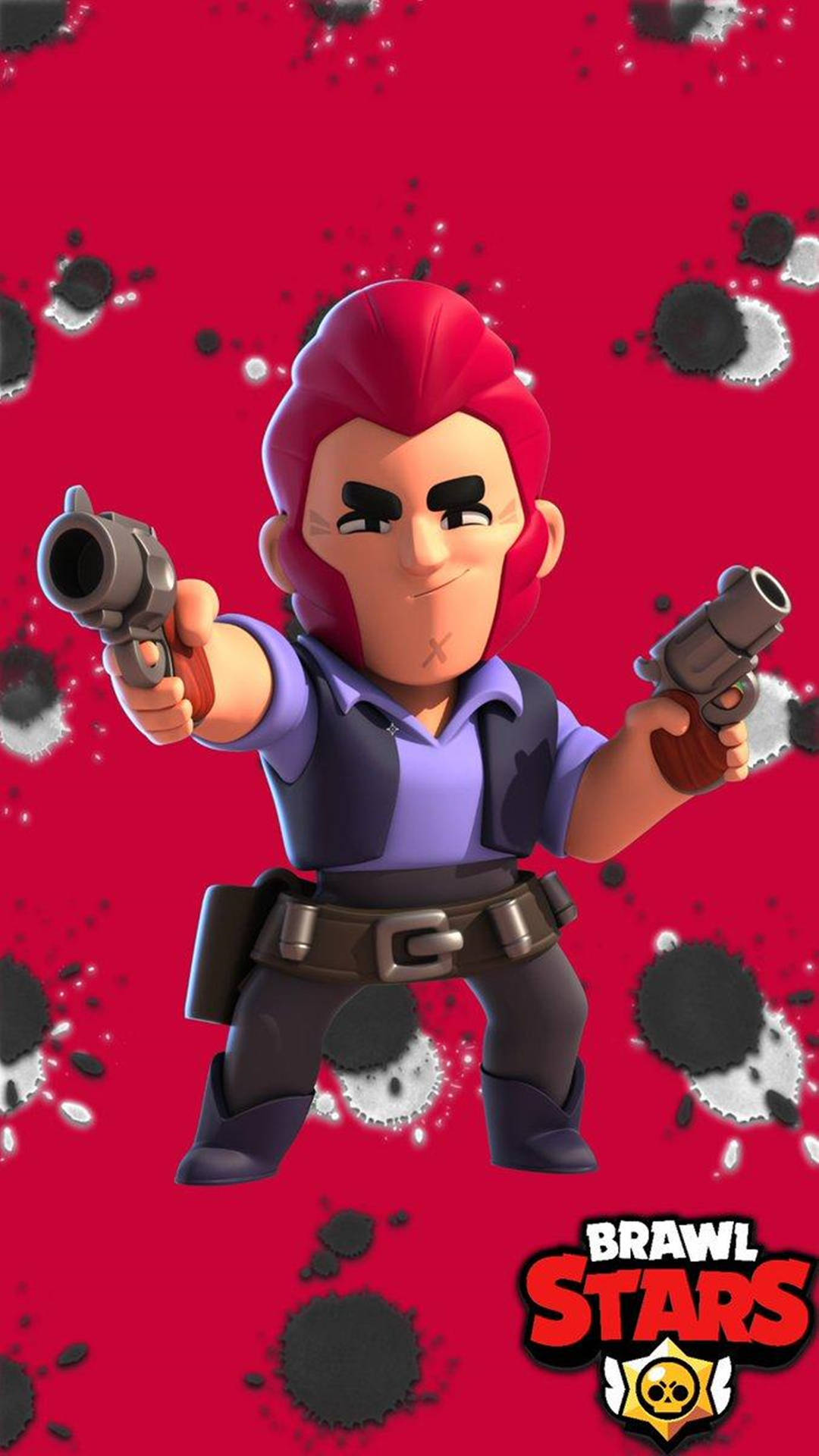 Brawl Stars 中的 Brawler 角色在紅色背景上拿著兩把帶有彈孔的手槍。 — 荒野亂鬥 GIF 壁紙