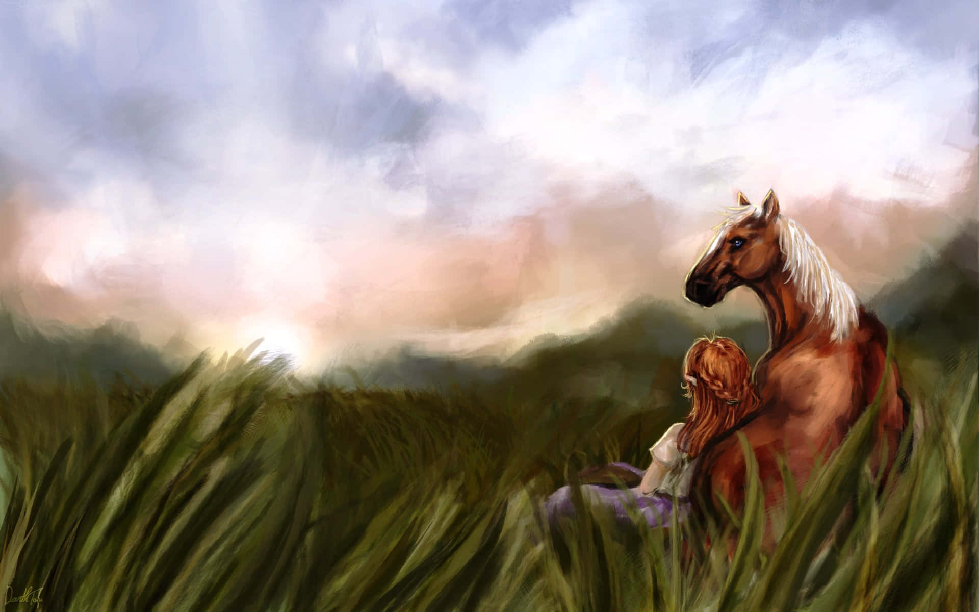 The Legend Of Zelda Epona 桌布 壁紙 — 一個紅髮女孩坐在高草叢中，依偎著一匹棕馬，背景是柔和多雲的天空。