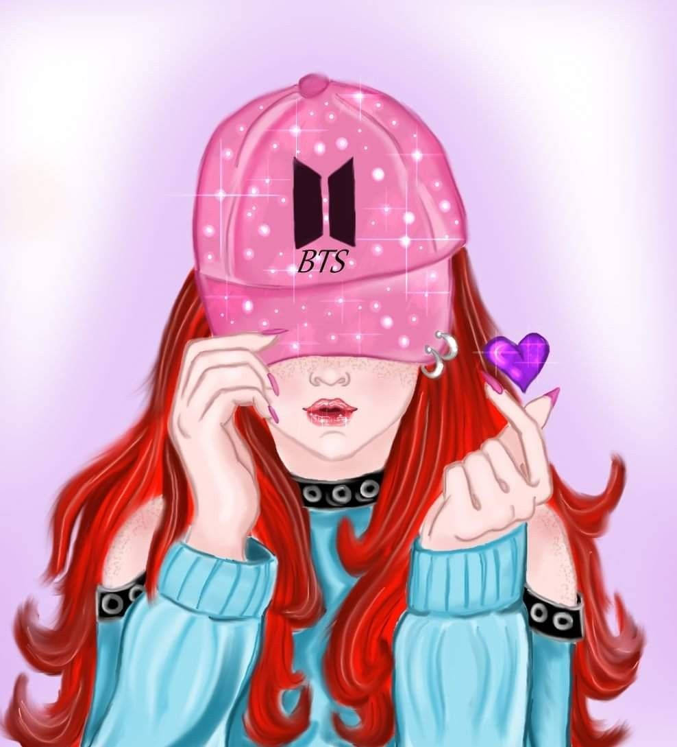 紅髮女孩戴著粉紅色BTS帽子，拿著紫色心形，做出手指愛心手勢。 — BTS 防彈少年團 粉絲 女孩 GIF 壁紙