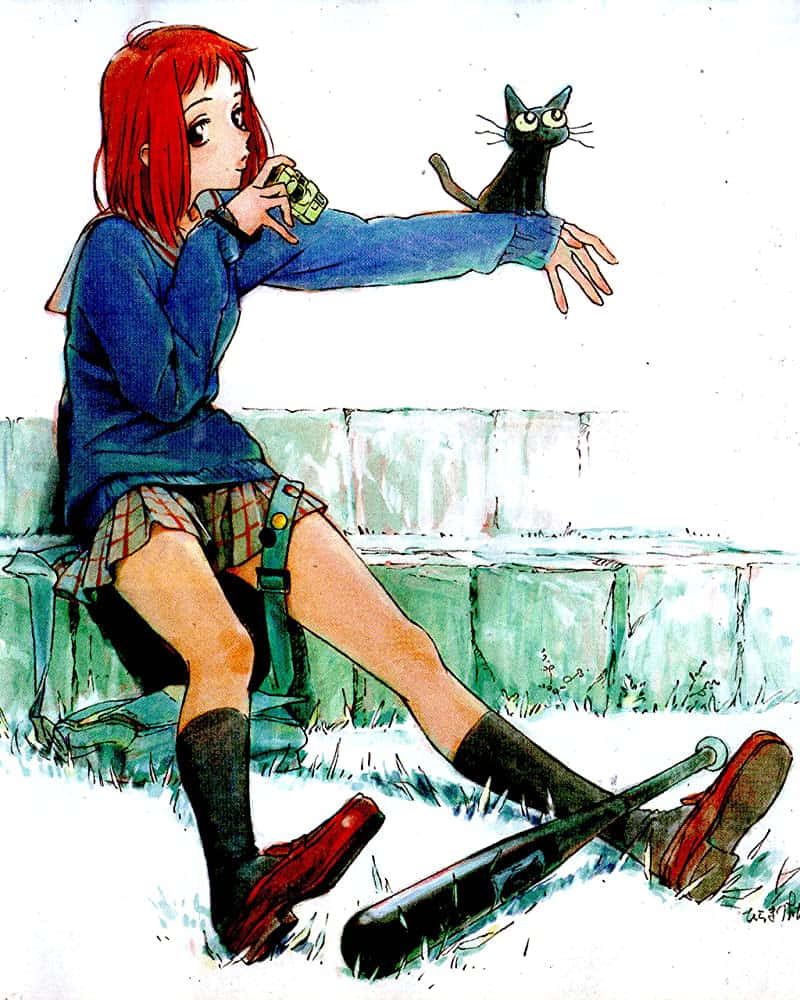 Flcl 桌布 壁紙 — 一個紅髮女孩穿著藍色毛衣坐在石牆上，手裡拿著相機，一隻黑貓棲息在她伸出的手臂上。
