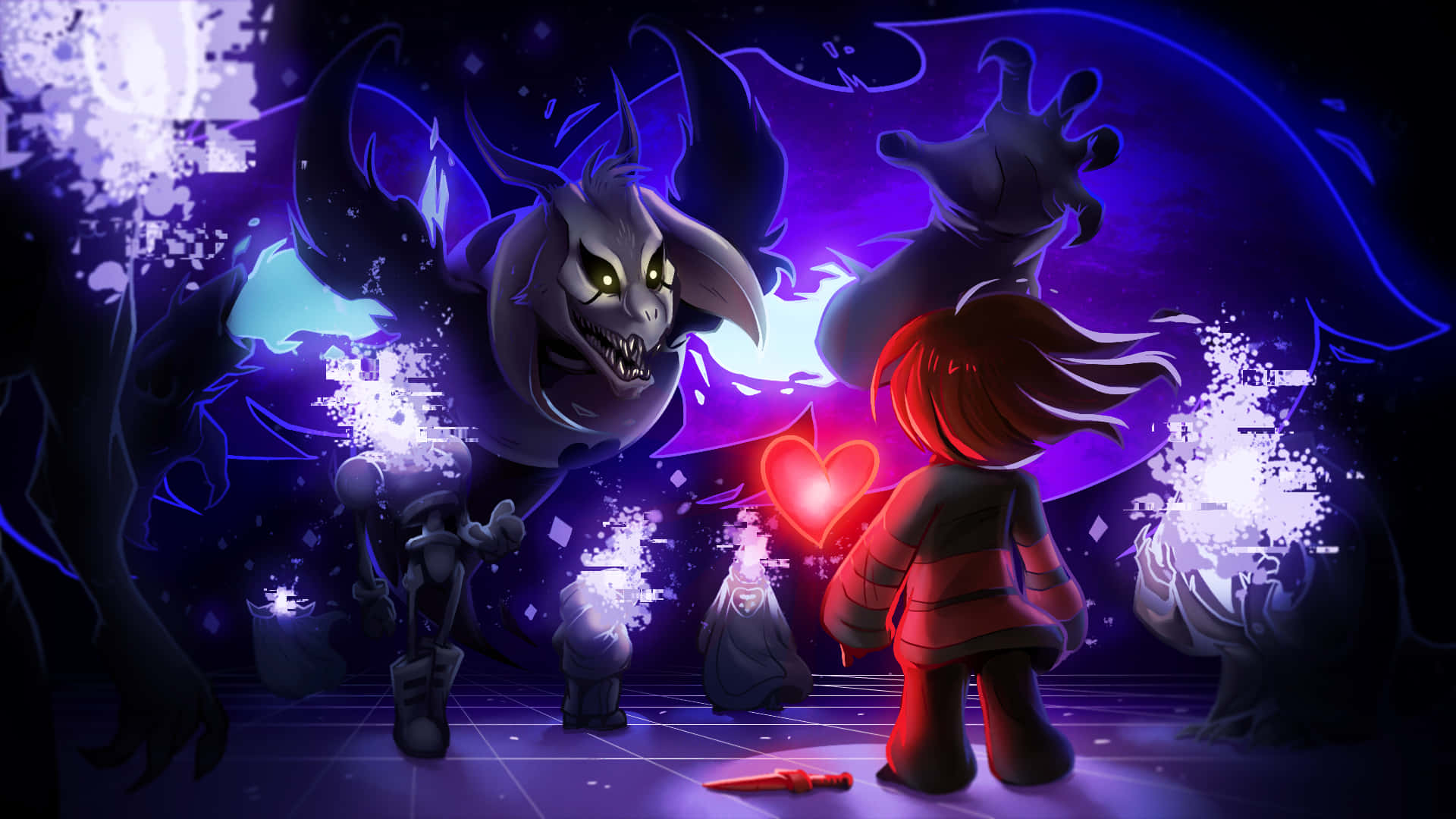 Undertale Desktop 桌布 壁紙 — 一個紅髮小孩在黑暗房間中面對一個帶有發光眼睛和數位故障效果的威脅性紫色惡魔。