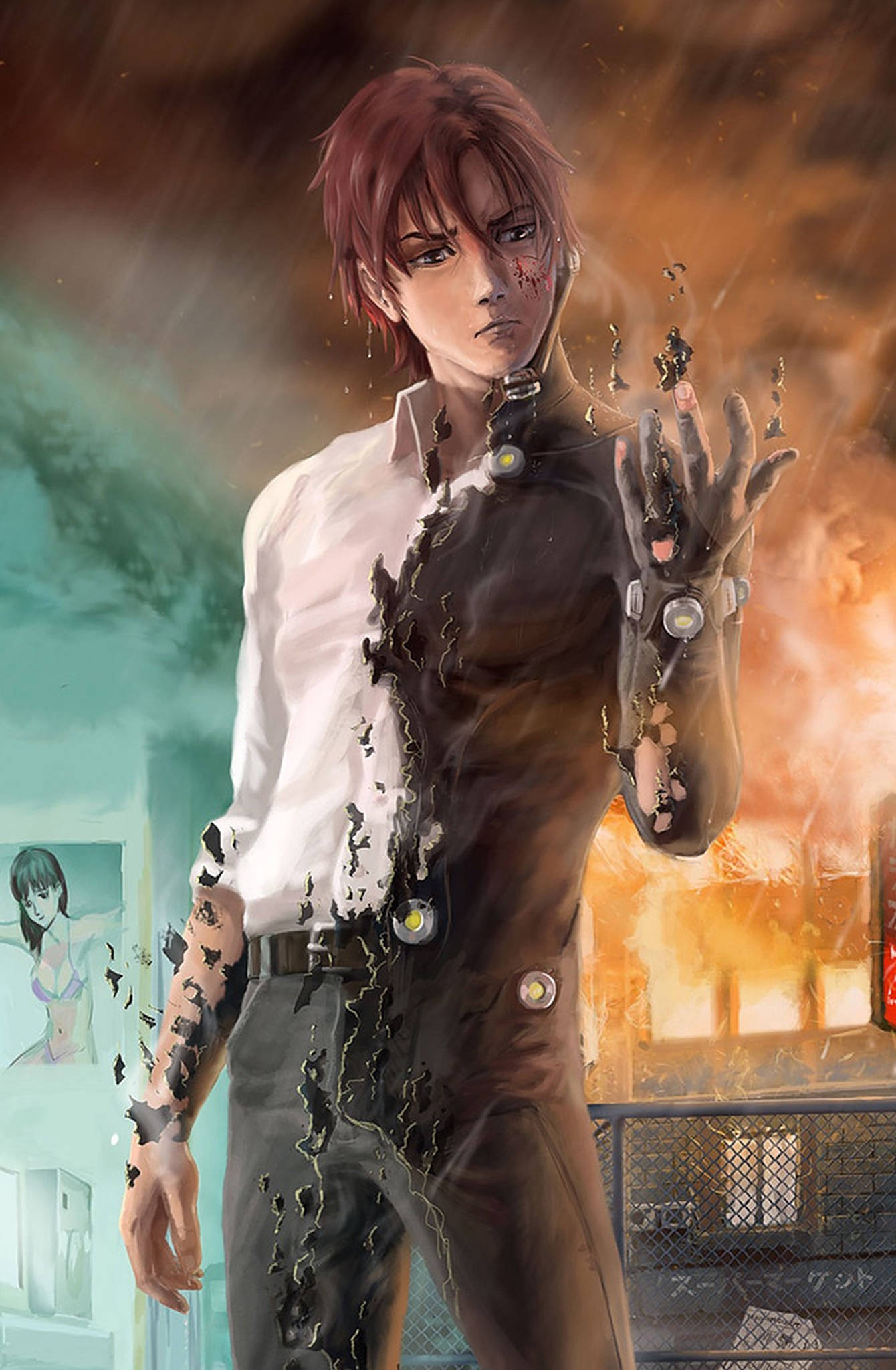 Gantz 桌布 壁紙 — 一個紅髮年輕男子站在火海般的城市場景中，身體部分溶解成灰燼和機械零件。