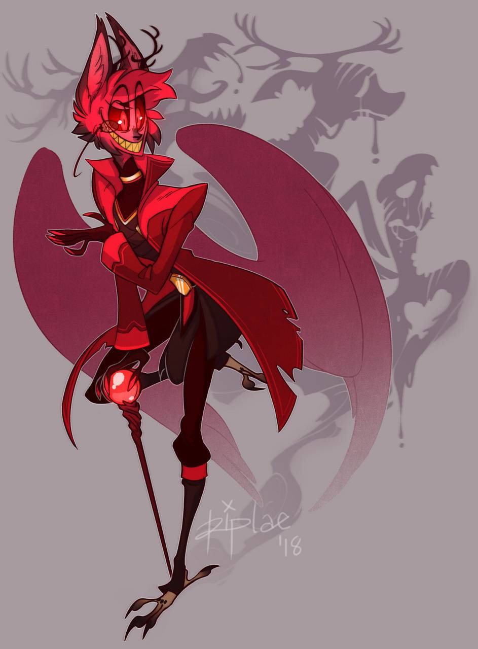 Hazbin Hotel 桌布 壁紙 — 一個紅髮惡魔，擁有蝙蝠翅膀和角，手持發光球體，在灰色背景和陰影人物前狡猾地微笑。