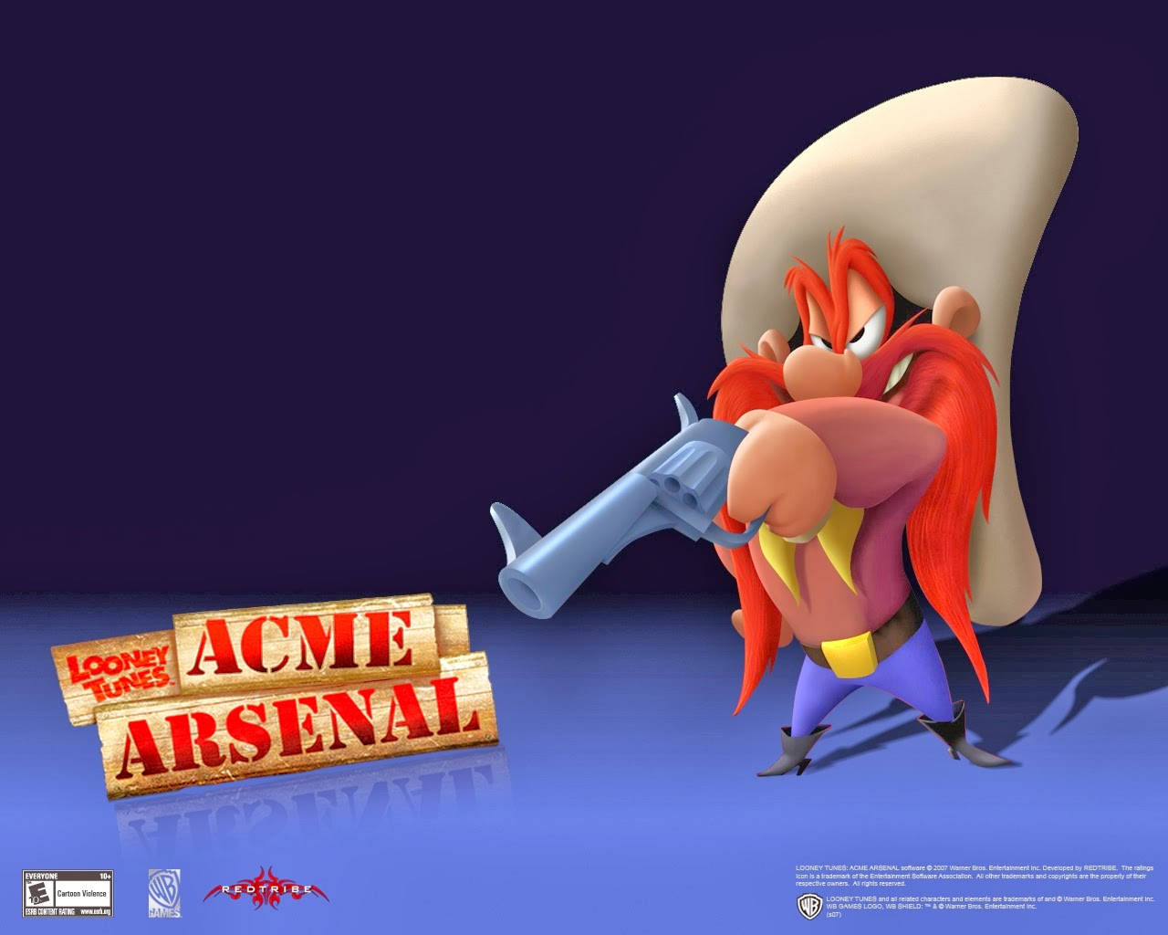 Yosemite Sam 桌布 壁紙 — 一個紅髮戴大帽的卡通角色，在深藍色漸變背景上瞄準一把藍色槍，背景有 'Looney Tunes ACME Arsenal' 標誌。