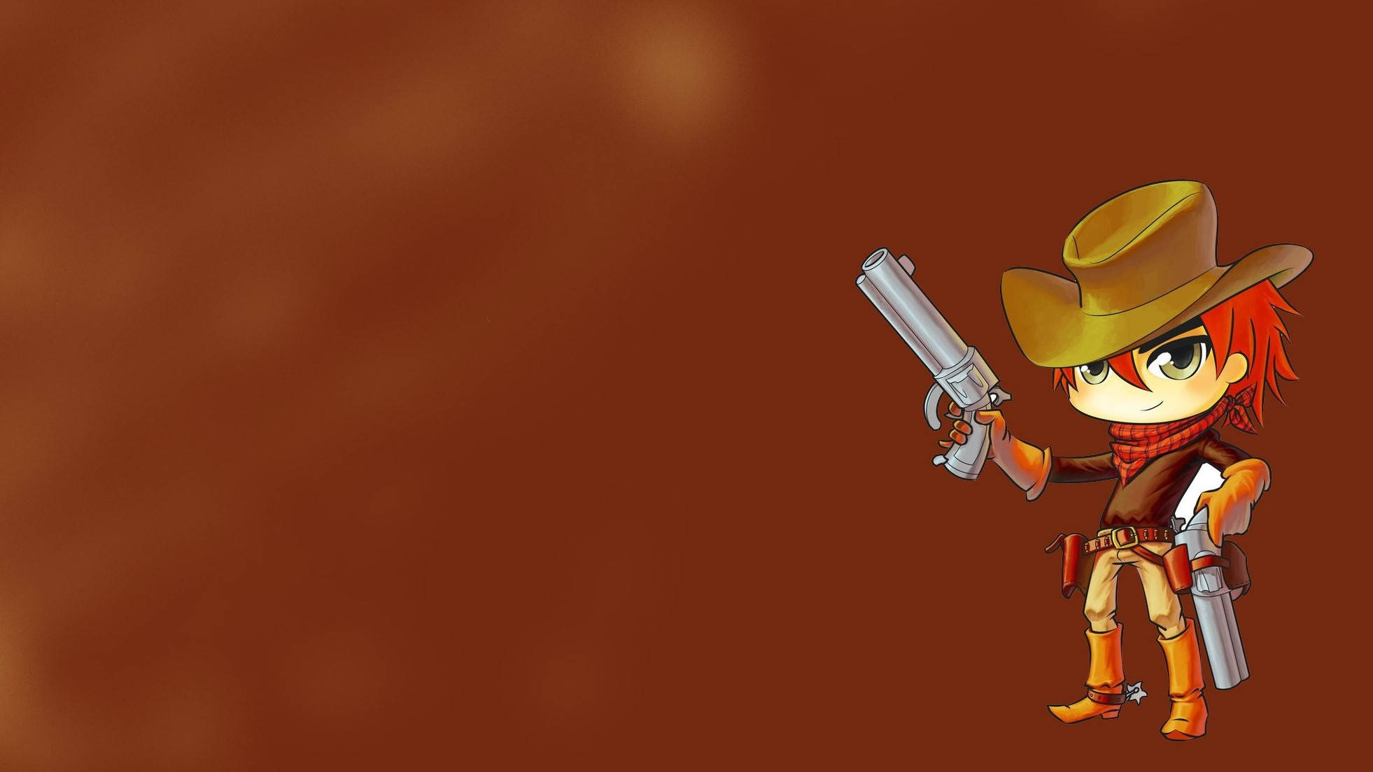 Cowboy 桌布 壁紙 — 一個紅髮戴棕色帽子的Q版動畫牛仔，在純鏽棕色背景上握著一把銀色左輪手槍。