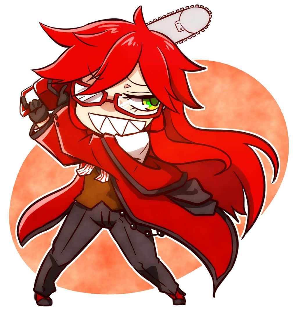 Grell Sutcliff 桌布 壁紙 — 一個紅髮戴眼鏡的Q版動漫角色在溫暖的橙色圓形背景前揮舞電鋸。
