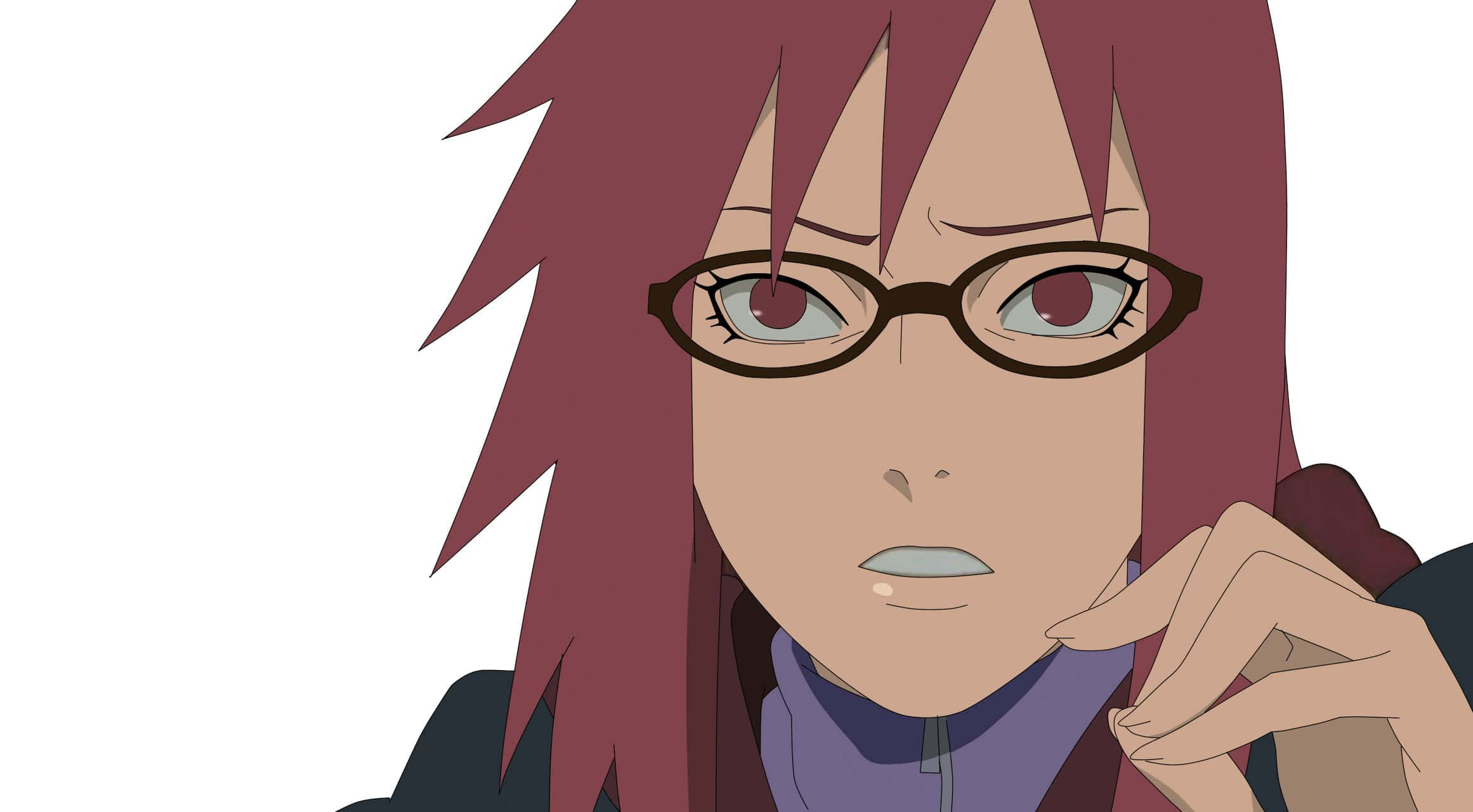 Karin Uzumaki 桌布 壁紙 — 一個紅髮戴眼鏡的動漫女孩在白色背景前沉思的特寫。