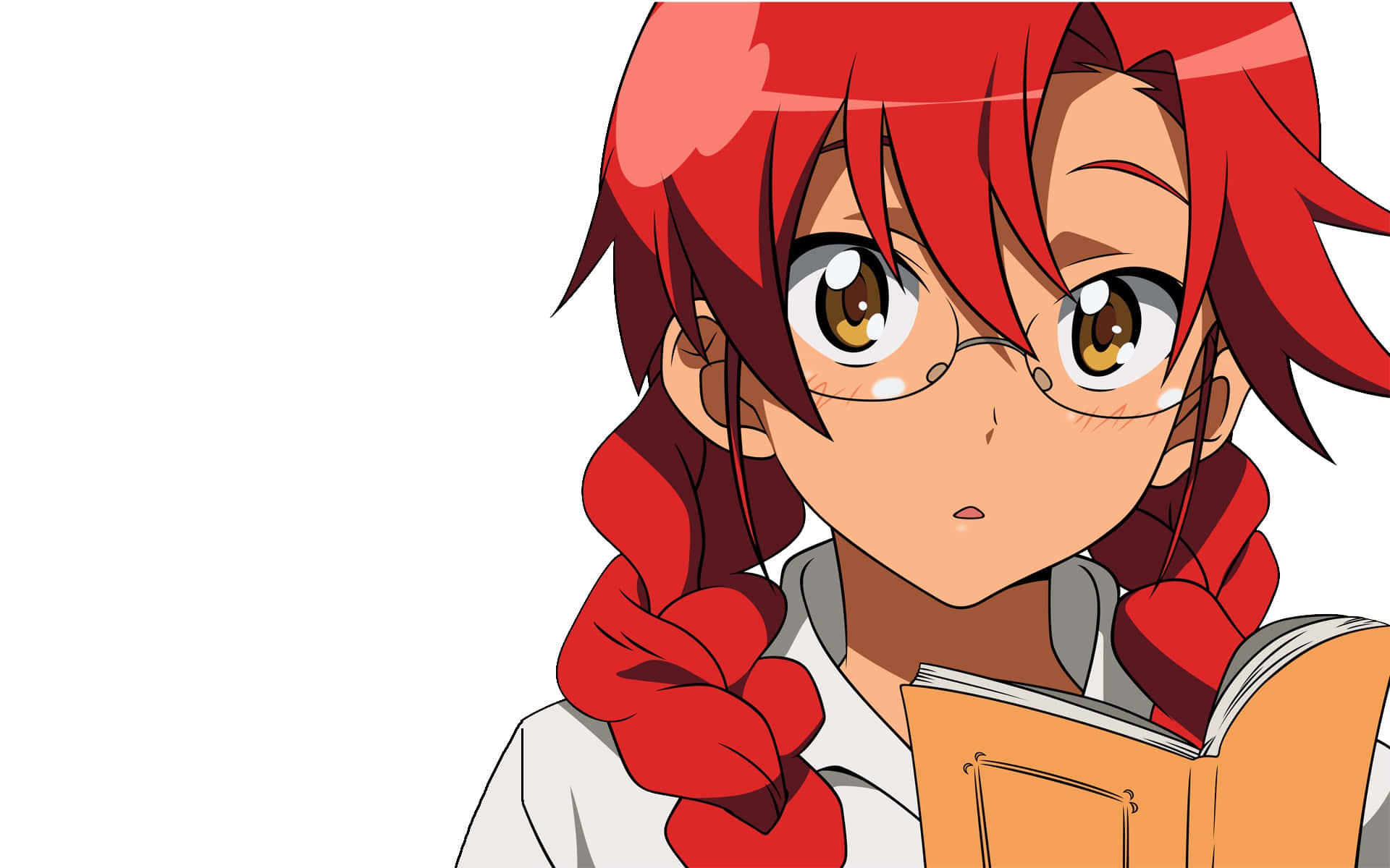 yoko littner 桌布 壁紙 — 一個紅髮戴眼鏡的動漫女孩在純白背景上看書。