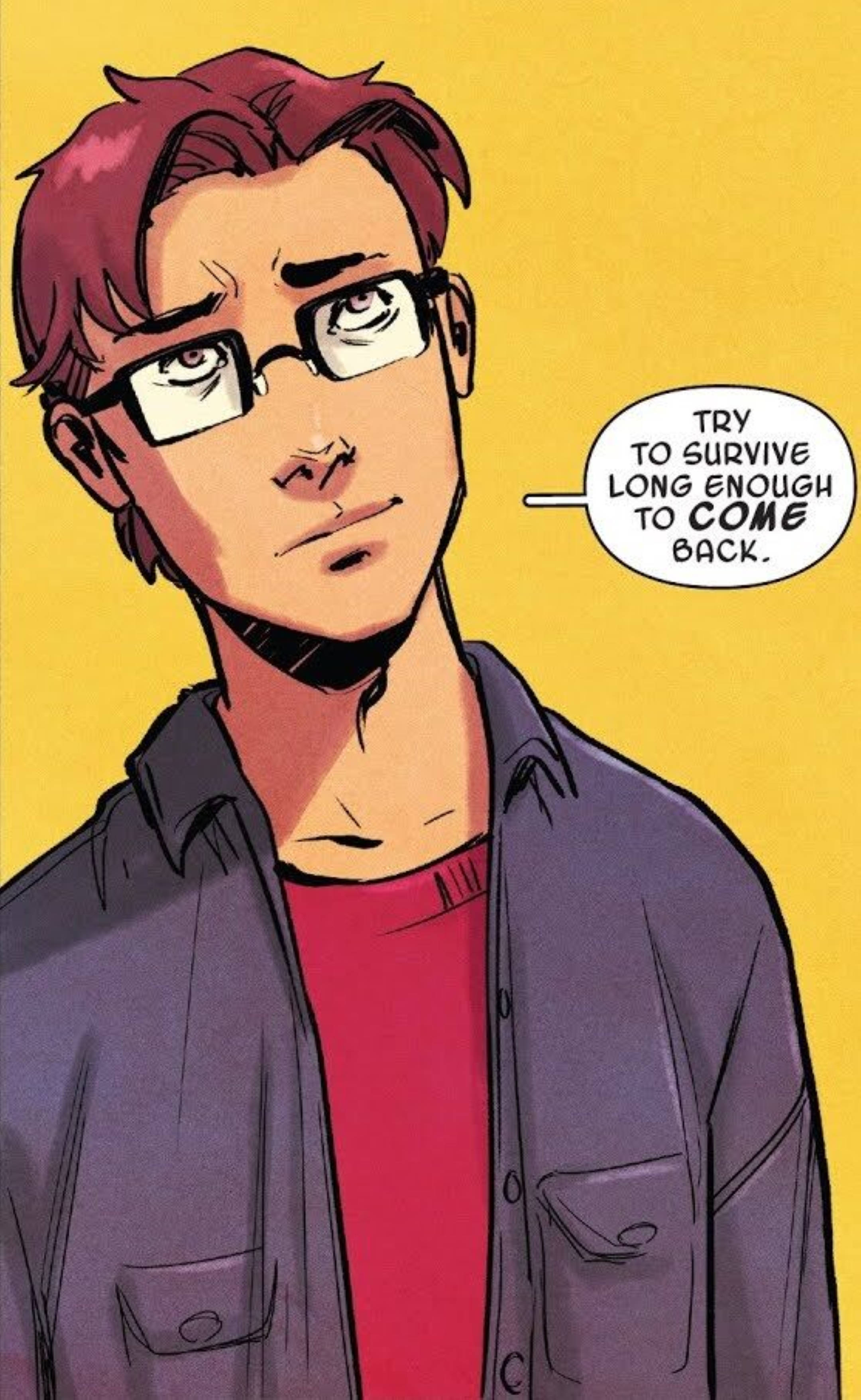 Peter Parker 桌布 壁紙 — 一個紅髮戴眼鏡的年輕男子在純黃色背景上專注地凝視，對話框寫著「嘗試生存足夠長的時間回來。」