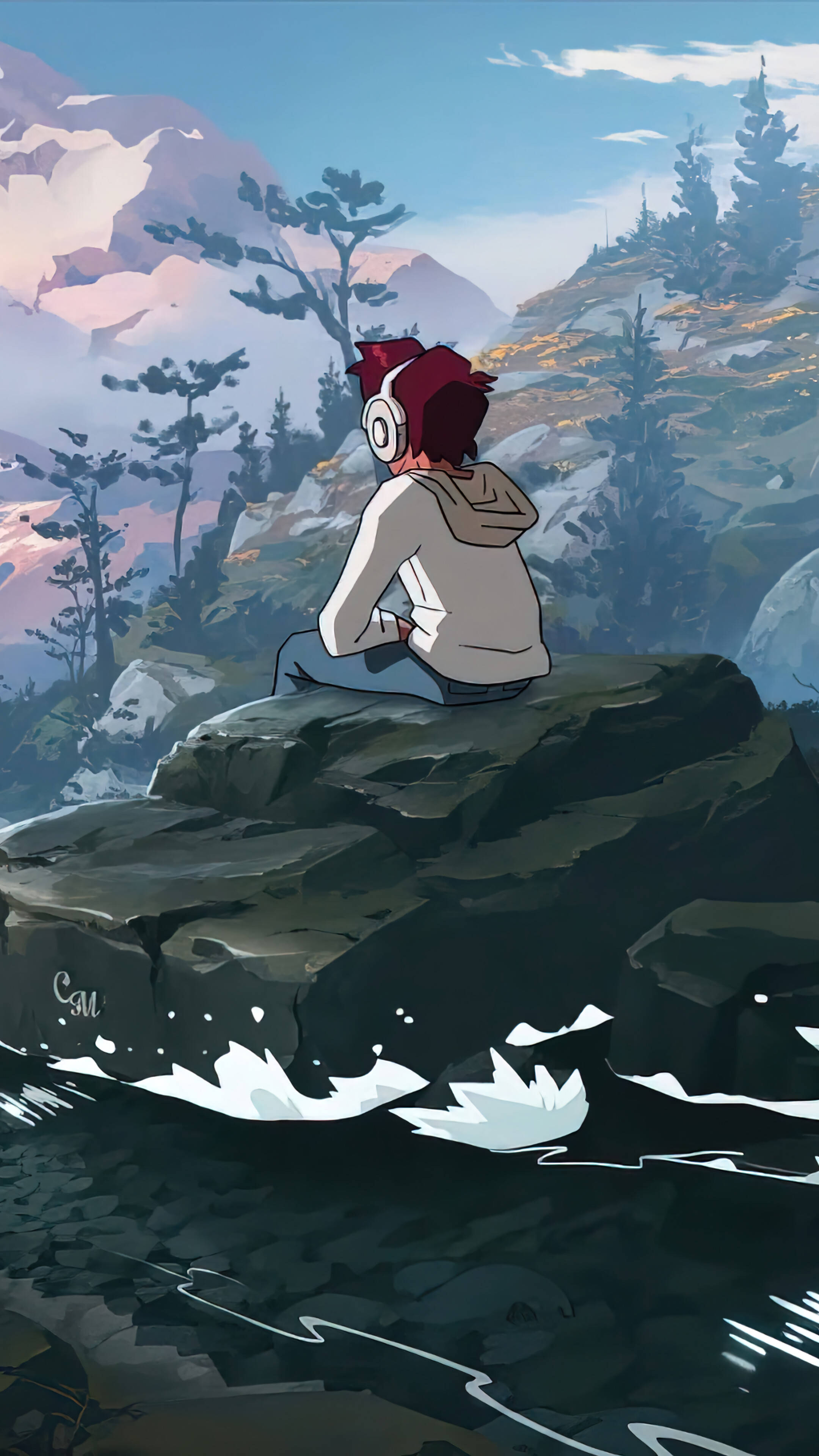 Aesthetic Anime Boy 桌布 壁紙 — 一個紅髮戴耳機的動漫角色坐在岩石懸崖上，俯瞰日落時霧氣瀰漫的山谷。