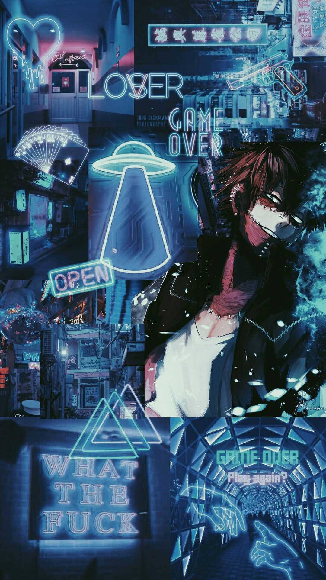 Dabi Aesthetic 桌布 壁紙 — 一個紅髮戴面具的賽博龐克動漫角色站在霓虹燈小巷中，周圍環繞著發光標誌和遊戲主題。