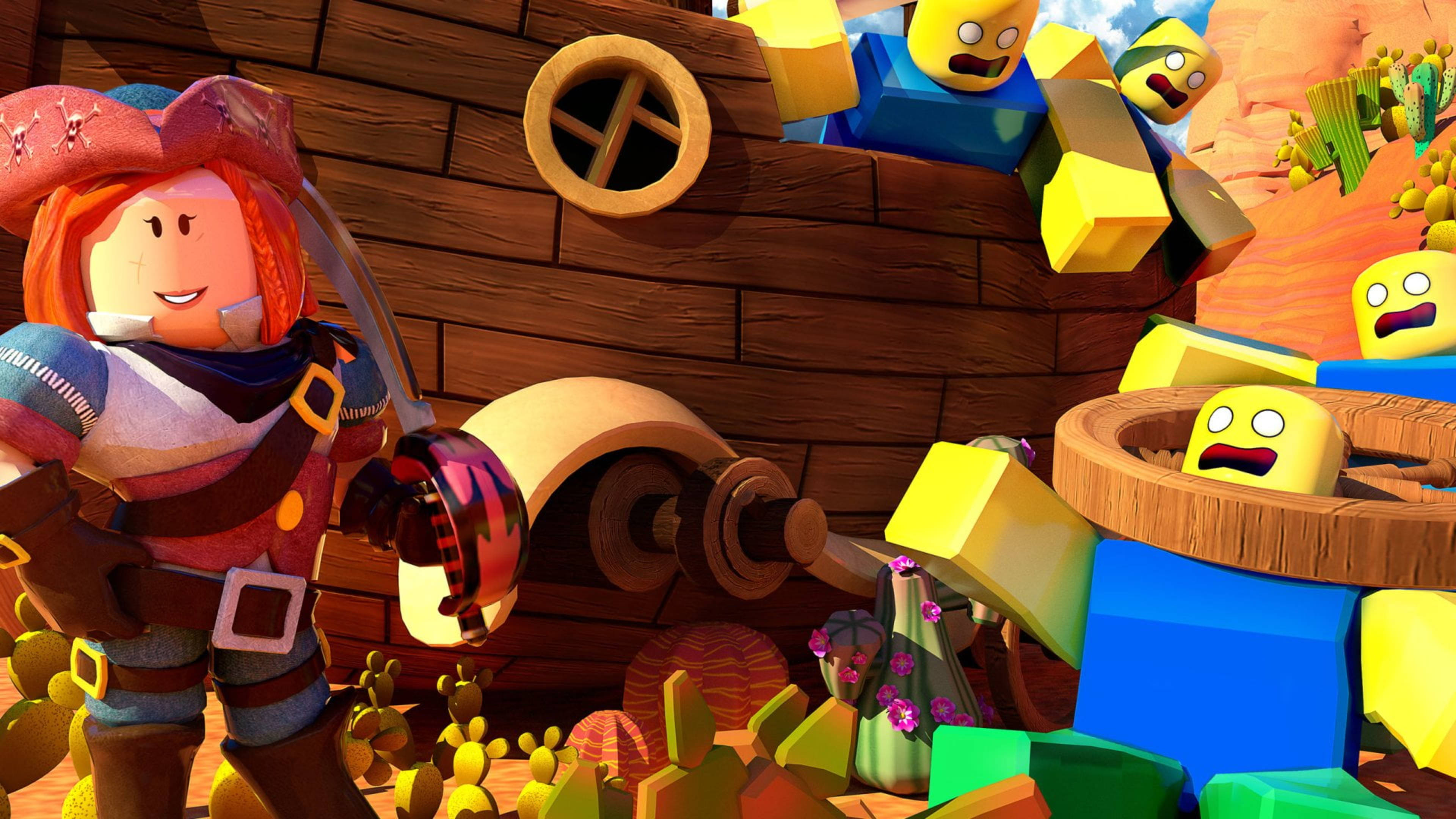 Roblox 桌布 壁紙 — 一個紅髮持劍的Roblox海盜角色，在沙漠峽谷中，勝利地站在一艘木船前，船上有驚訝的方塊船員。