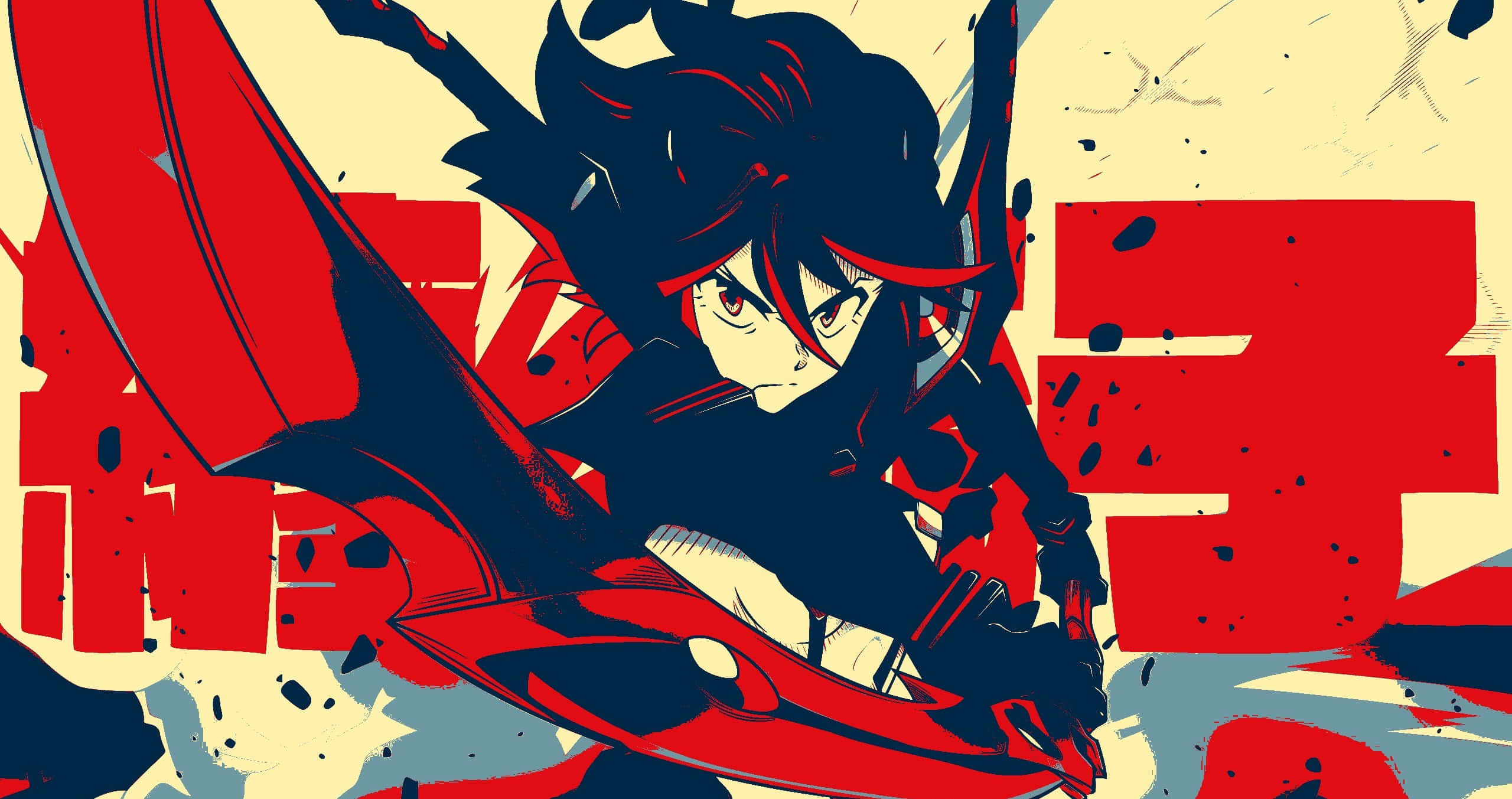 Kill La Kill 桌布 壁紙 — 一個紅髮有翼的動漫角色，在帶有潑濺效果的醒目紅色和米色背景上緊握一把紅色劍。