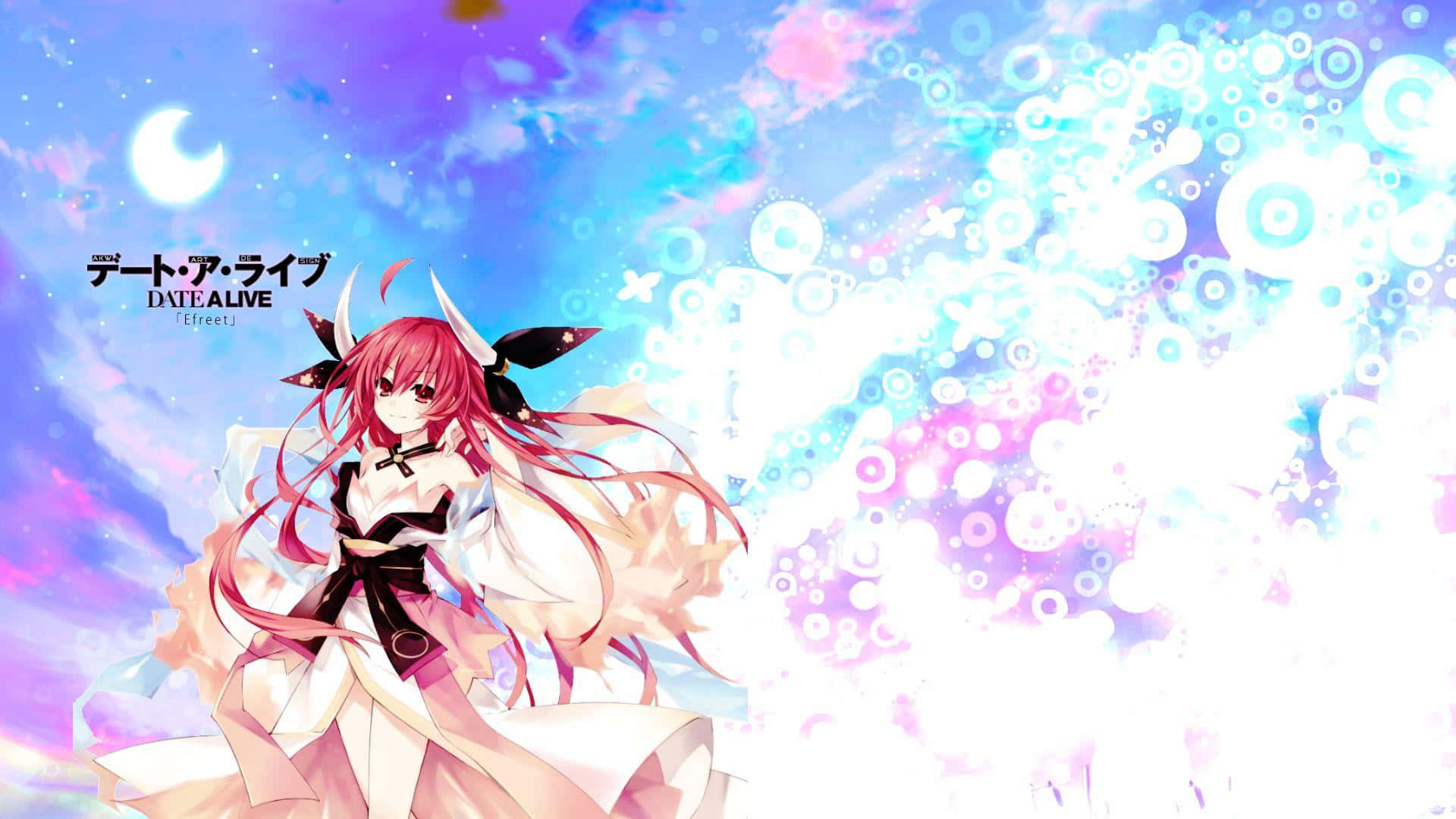 Date A Live 桌布 壁紙 — 一個紅髮有角的動漫女孩站在充滿發光球體和新月的充滿活力的宇宙天空中。