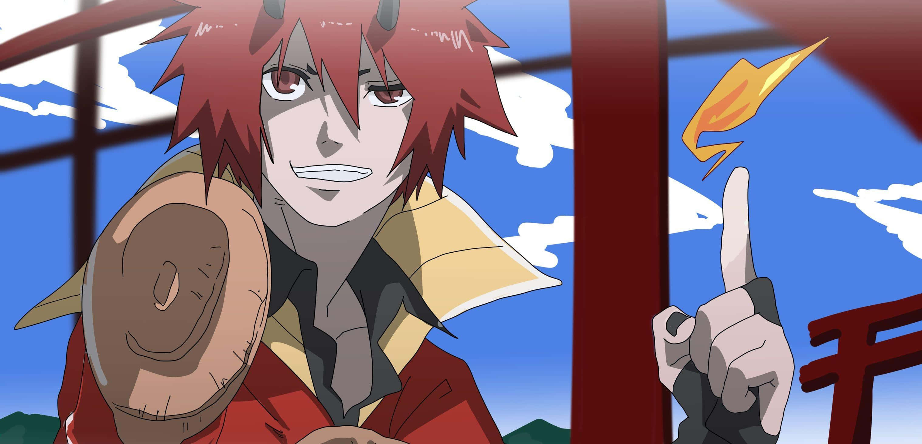 That Time I Got Reincarnated As A Slime 桌布 壁紙 — 一個紅髮有角的動漫男孩揮舞盾牌並指向上方，旁邊有火焰在藍天下爆發。