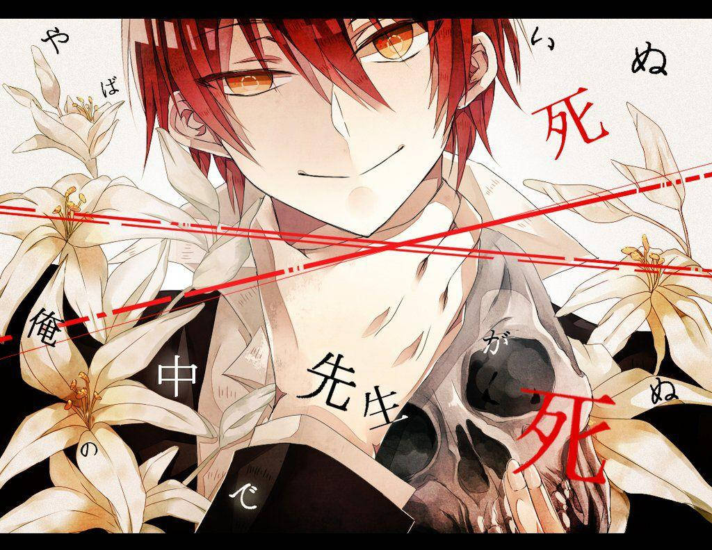 karma 桌布 壁紙 — 一個紅髮橙眼的動畫男孩在骷髏頭和白百合旁邊微笑，帶有日文字和紅線。