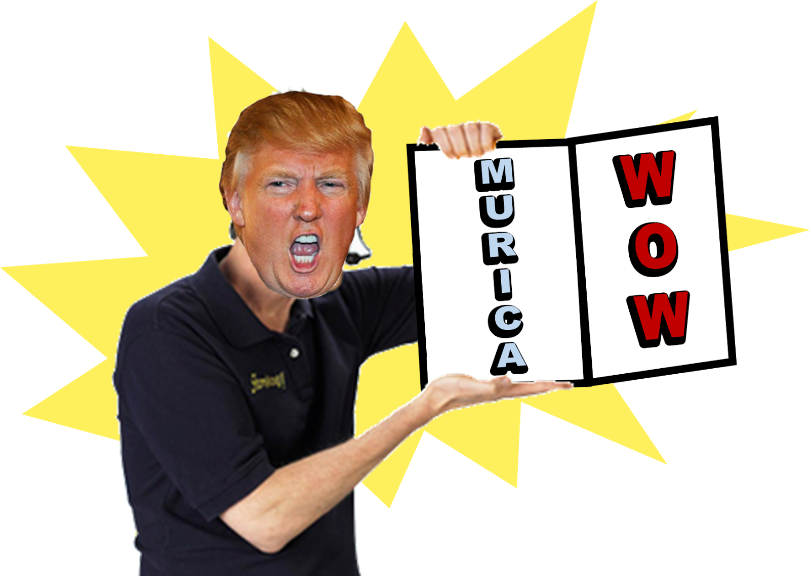 哇 桌布 壁紙 — 一個紅髮男人舉著寫有「MURICA」和「WOW」的牌子，在黃色星爆背景下大喊。