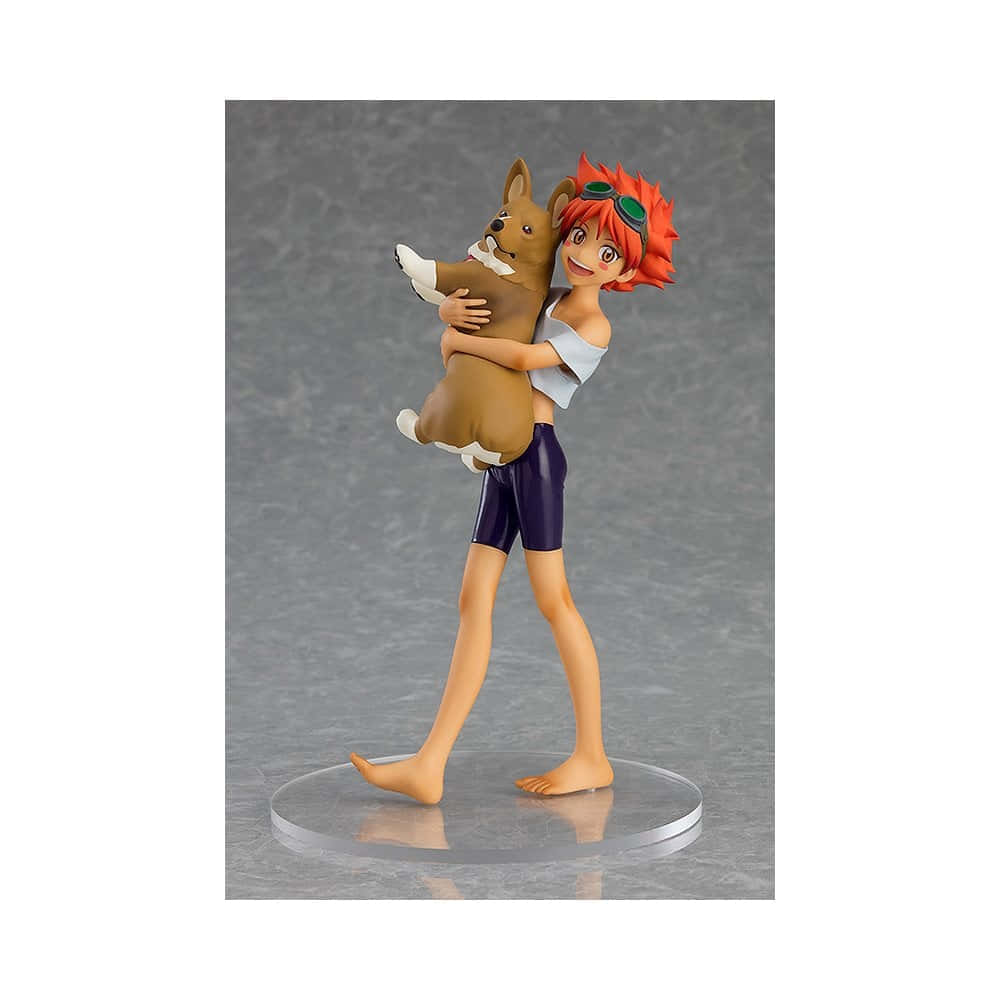 Cowboy Bebop Edward 桌布 壁紙 — 一個紅髮男孩穿著藍色短褲，擁抱一隻頭戴綠色護目鏡的棕色柯基犬的動漫人偶。