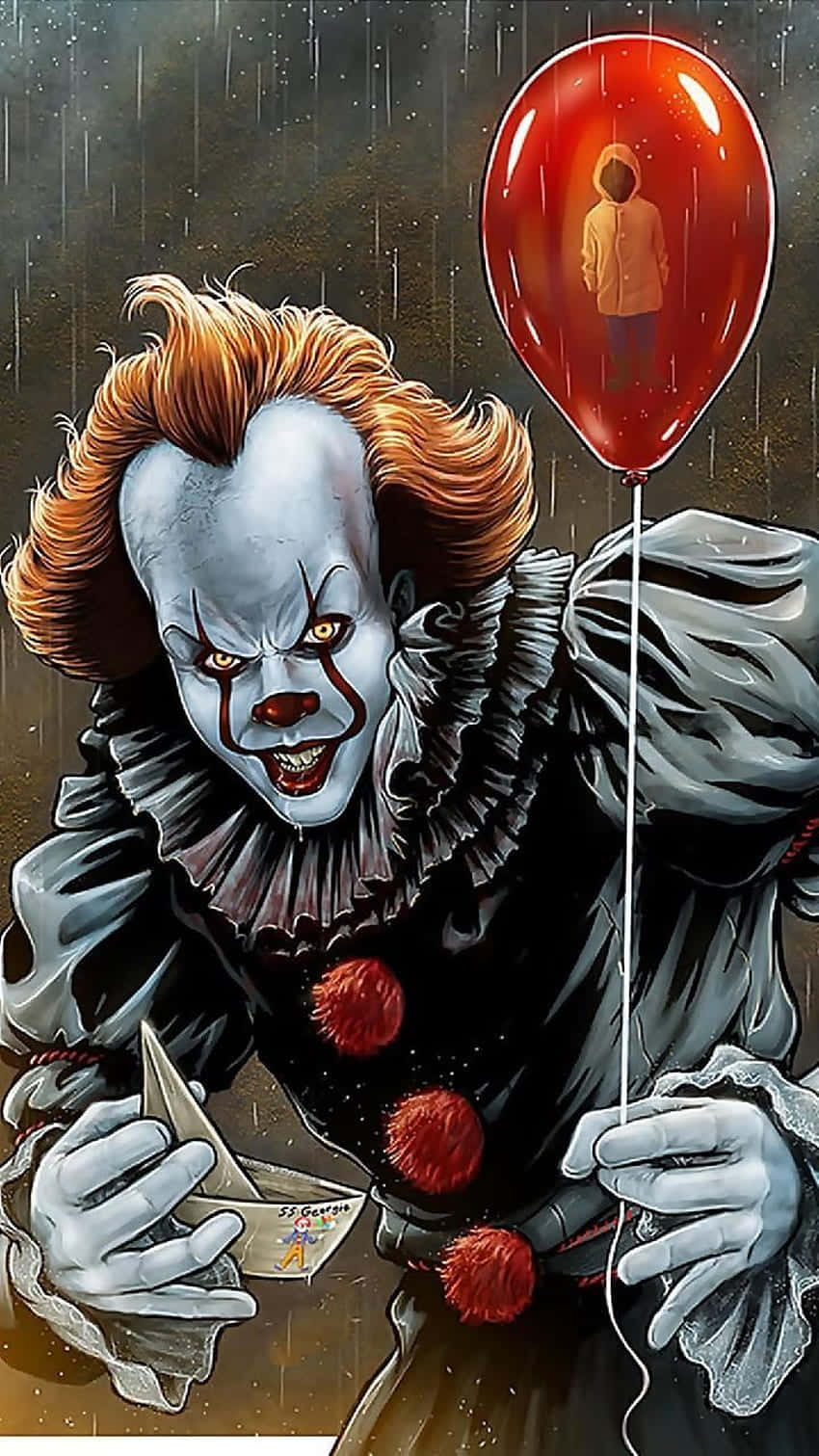 Horror Icons 桌布 壁紙 — 一個紅髮白臉的可怕小丑，在陰雨黑暗的背景中，手持一個內有兒童剪影的紅色氣球。