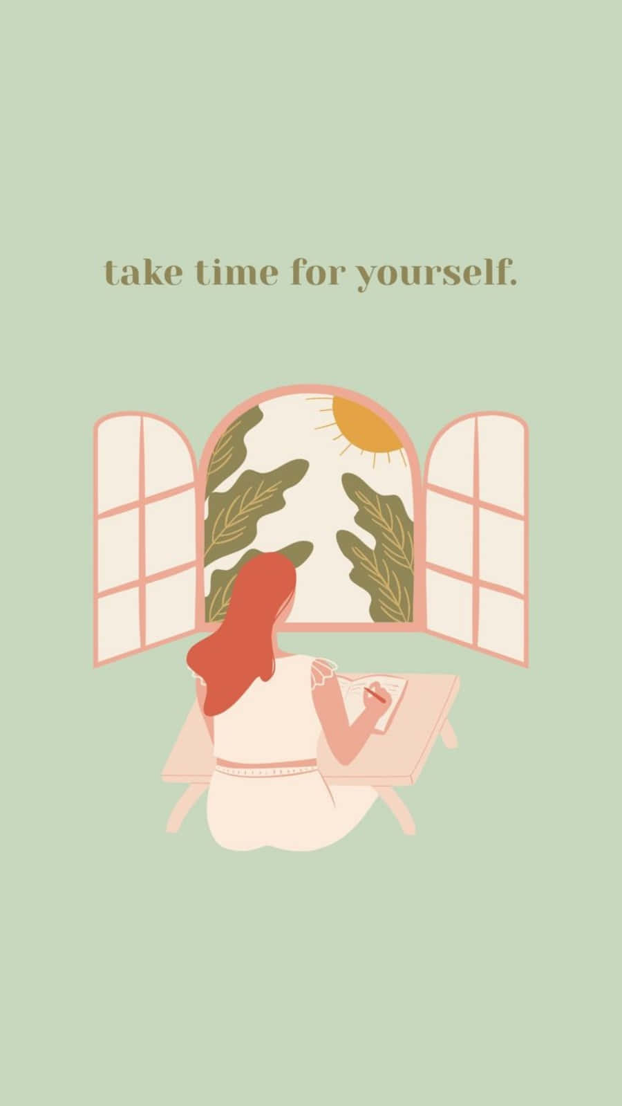 Self Care 桌布 壁紙 — 一個紅髮的人坐在敞開的窗戶旁的書桌前畫素描，陽光和綠葉充滿了畫面。