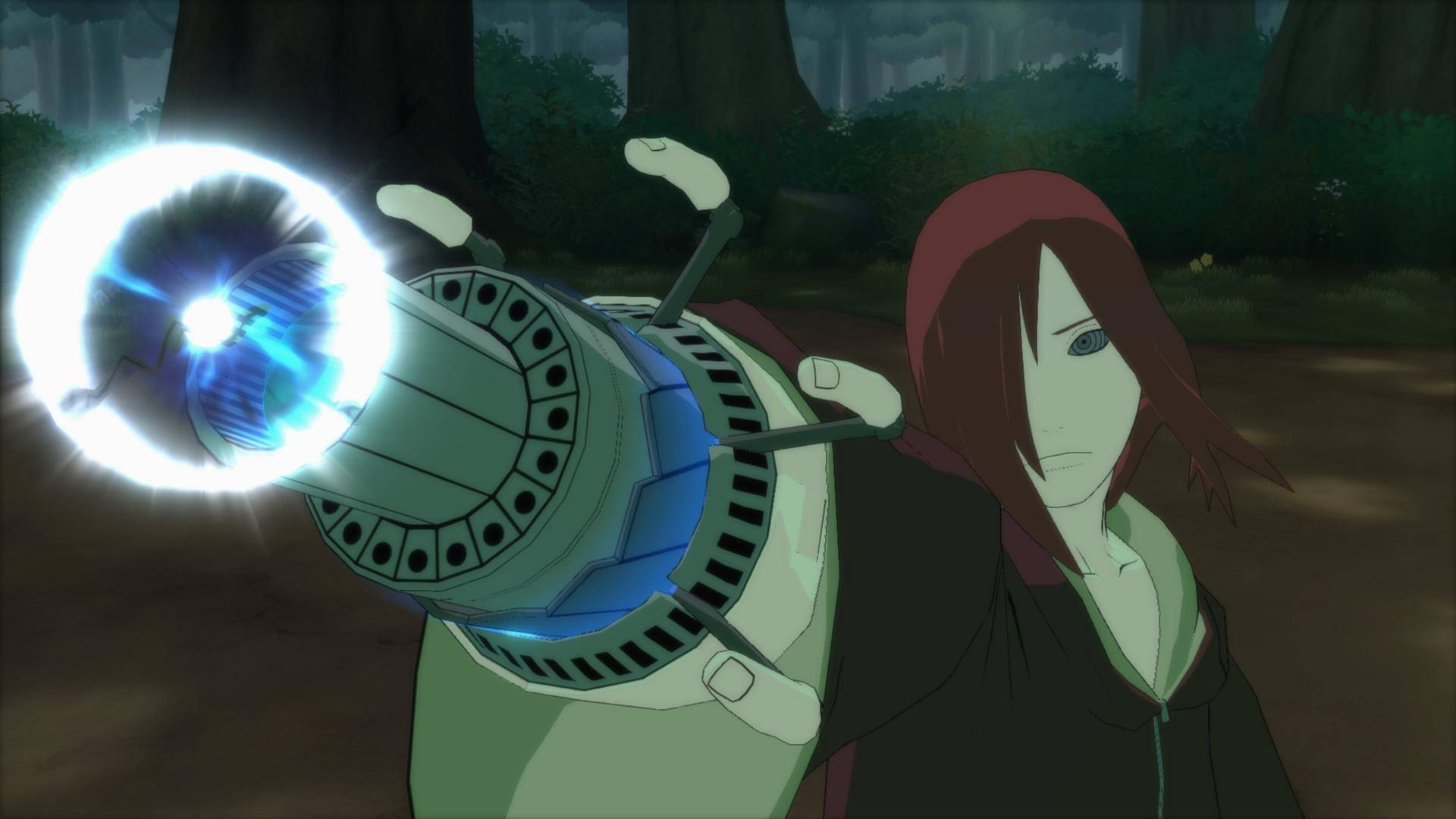 Nagato 桌布 壁紙 — 一個紅髮的動漫角色在黑暗森林中揮舞著發光的藍色能量炮。