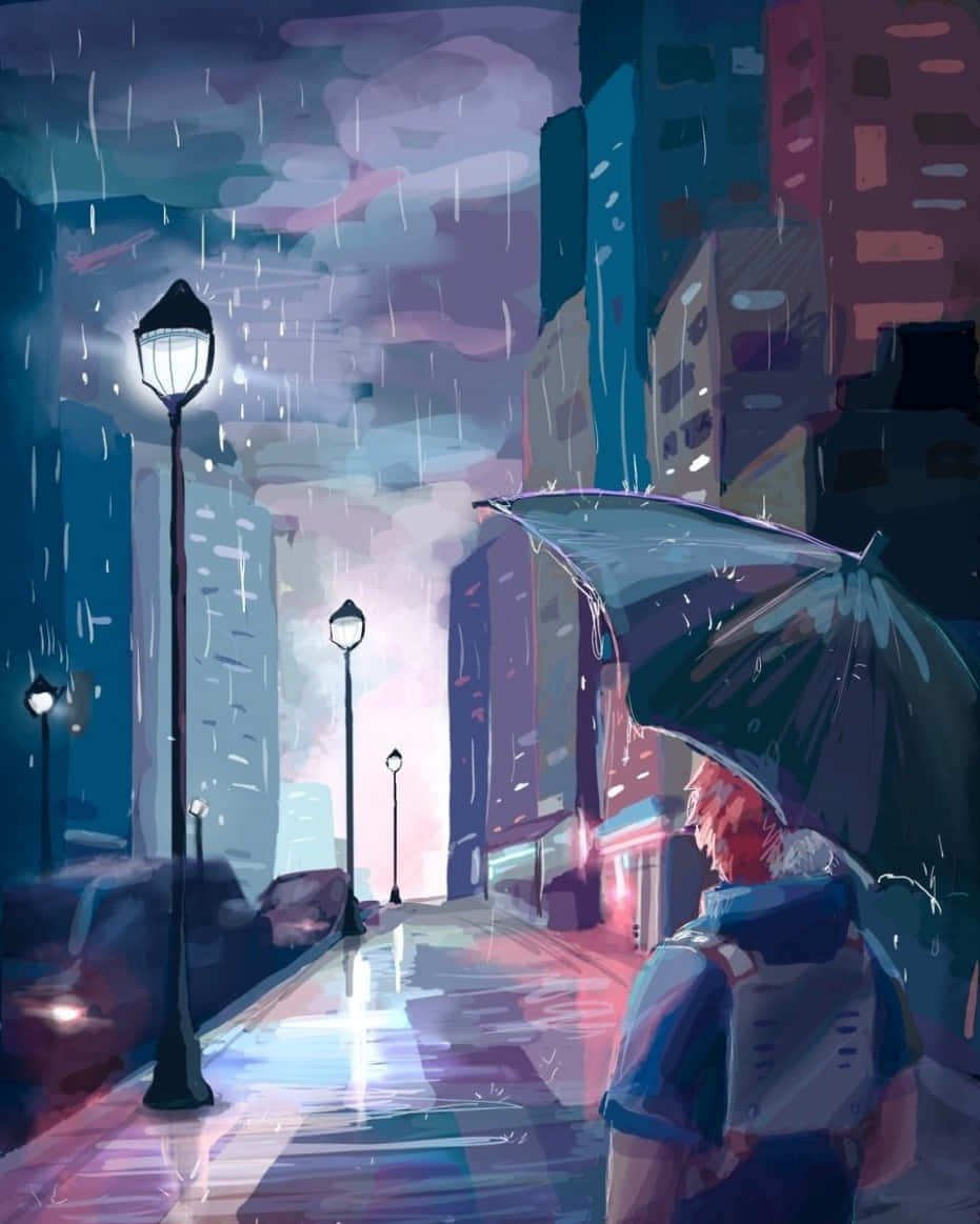 動漫男孩 桌布 壁紙 — 一個紅髮的孤獨身影在夜晚的雨中城市街道上，在發光的街燈下撐著傘行走。